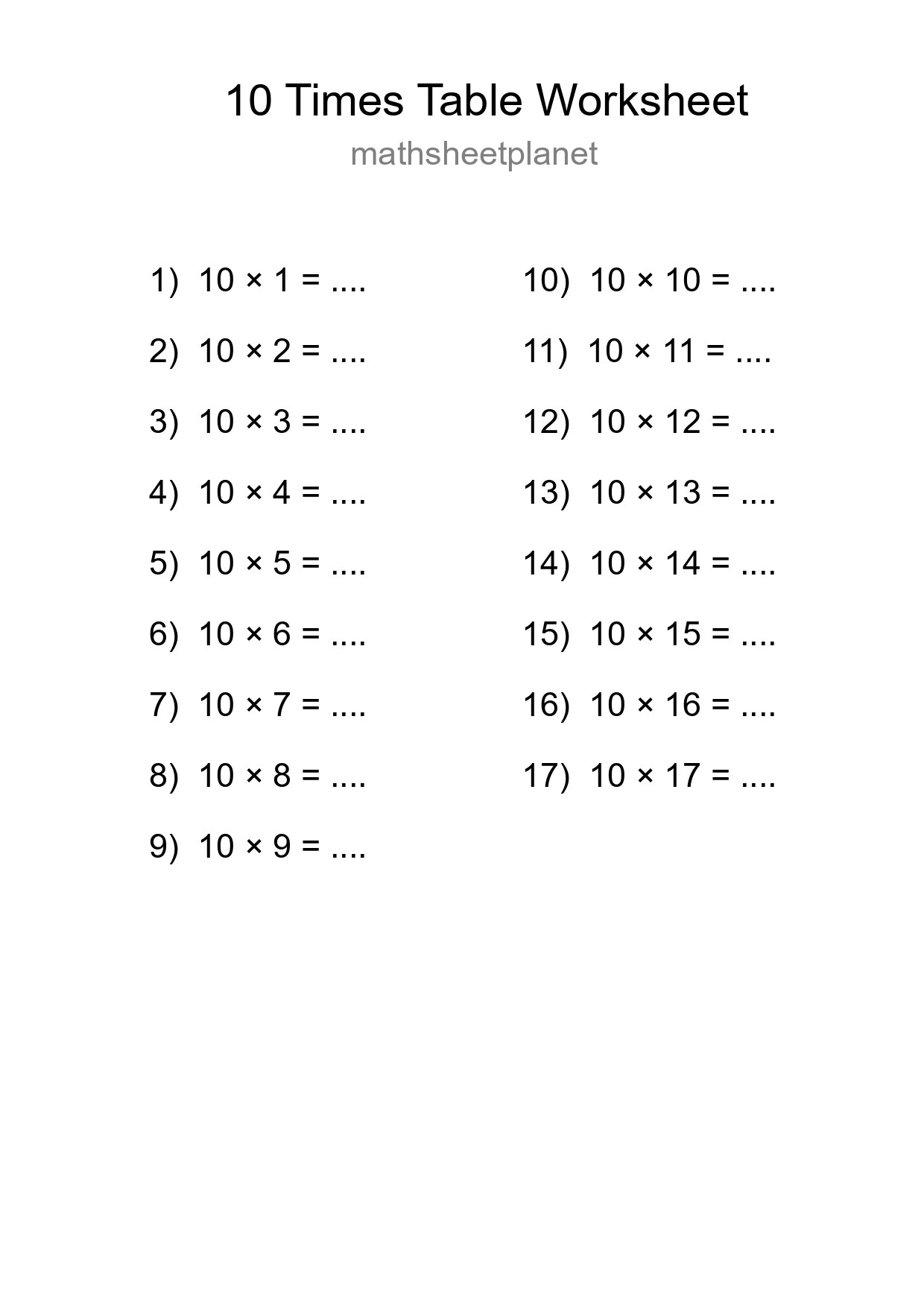 10 Times Table Worksheet For Grade 3 With Answers - Part 251