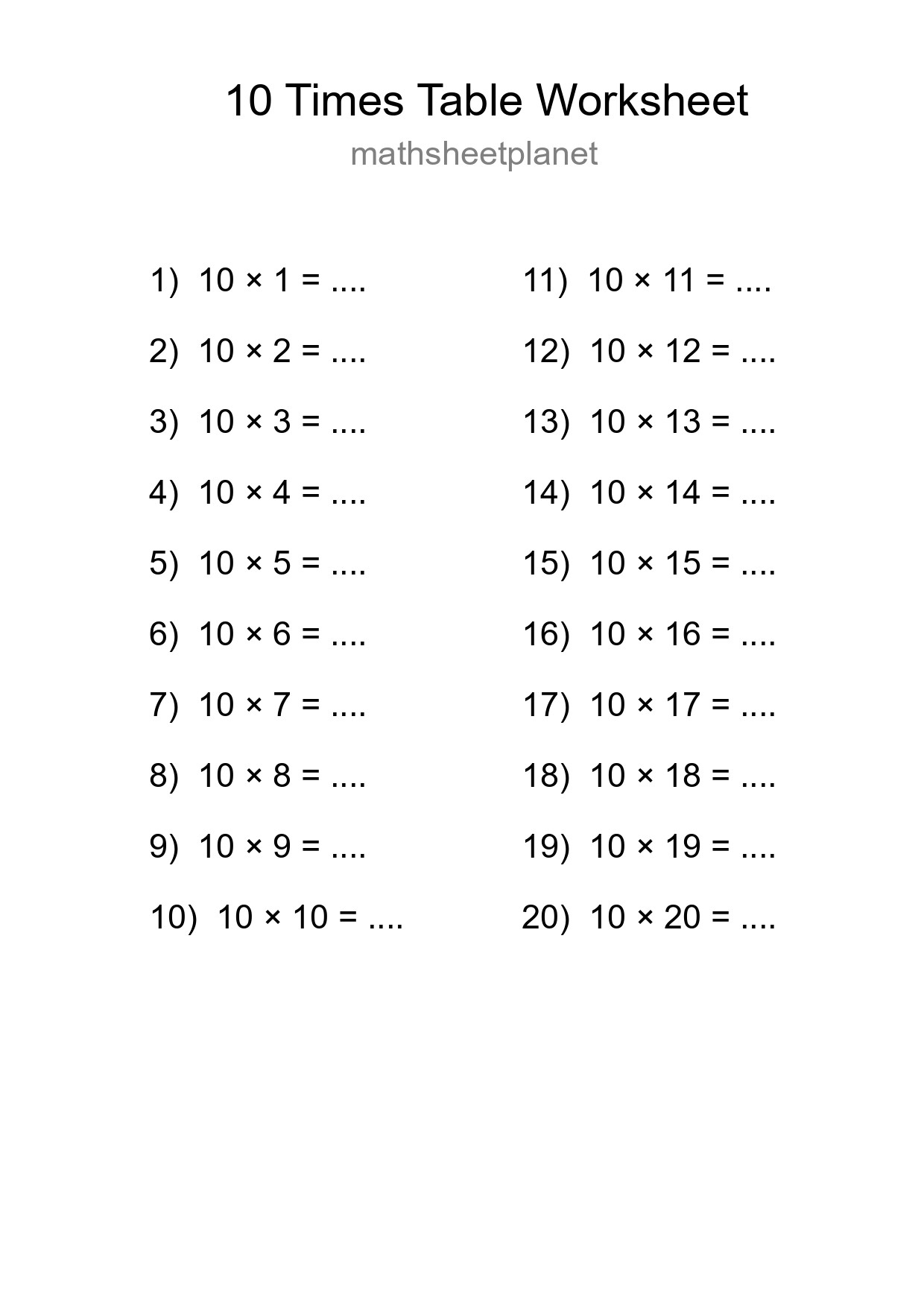 10 Times Table Worksheet For Grade 3 With Answers - Part 31