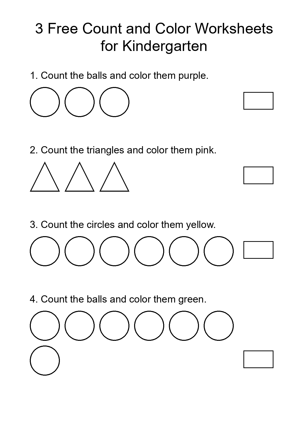 3 Free Count and Color Worksheets for Kindergarten
