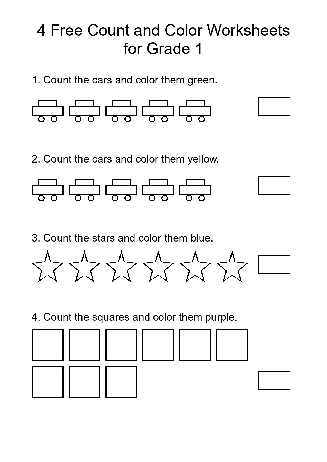 4 Free Count and Color Worksheets for Grade 1