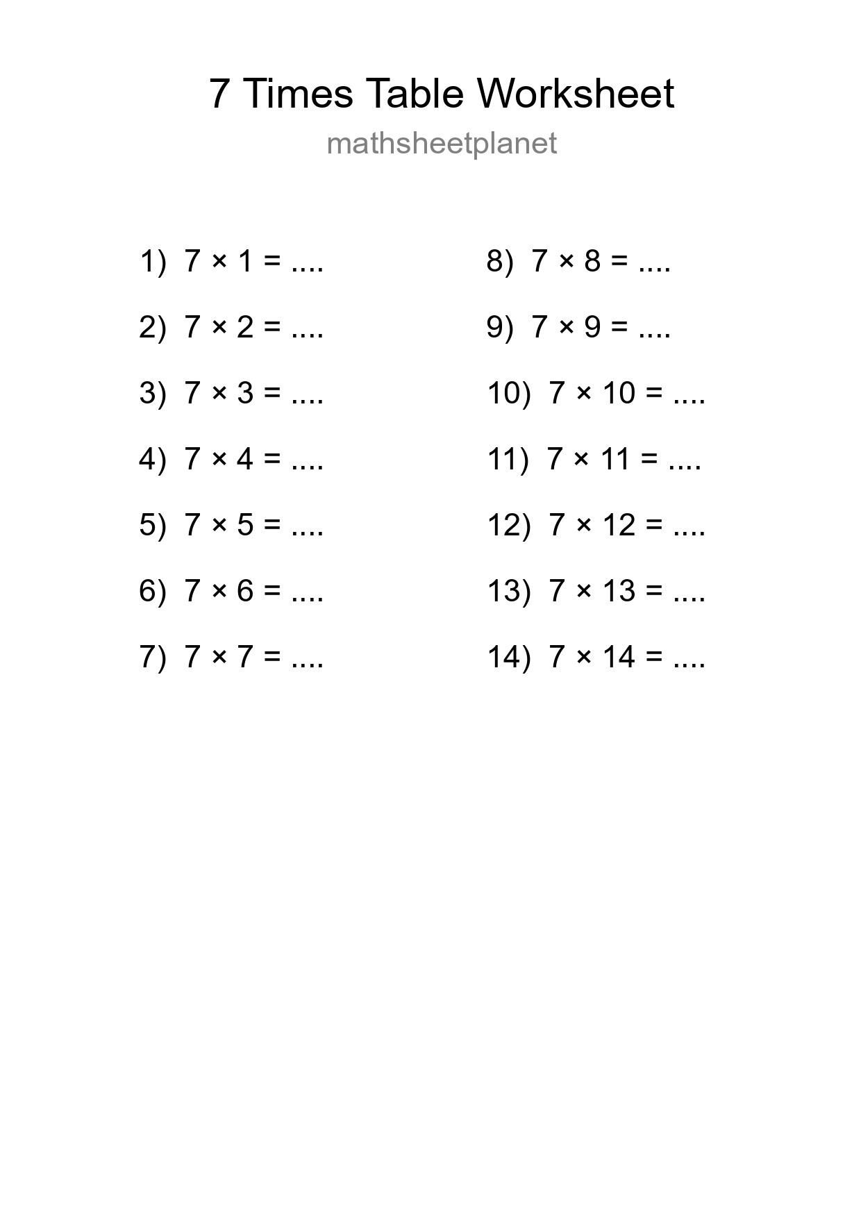 7 Times Table Worksheet For Grade 3 - Part 97
