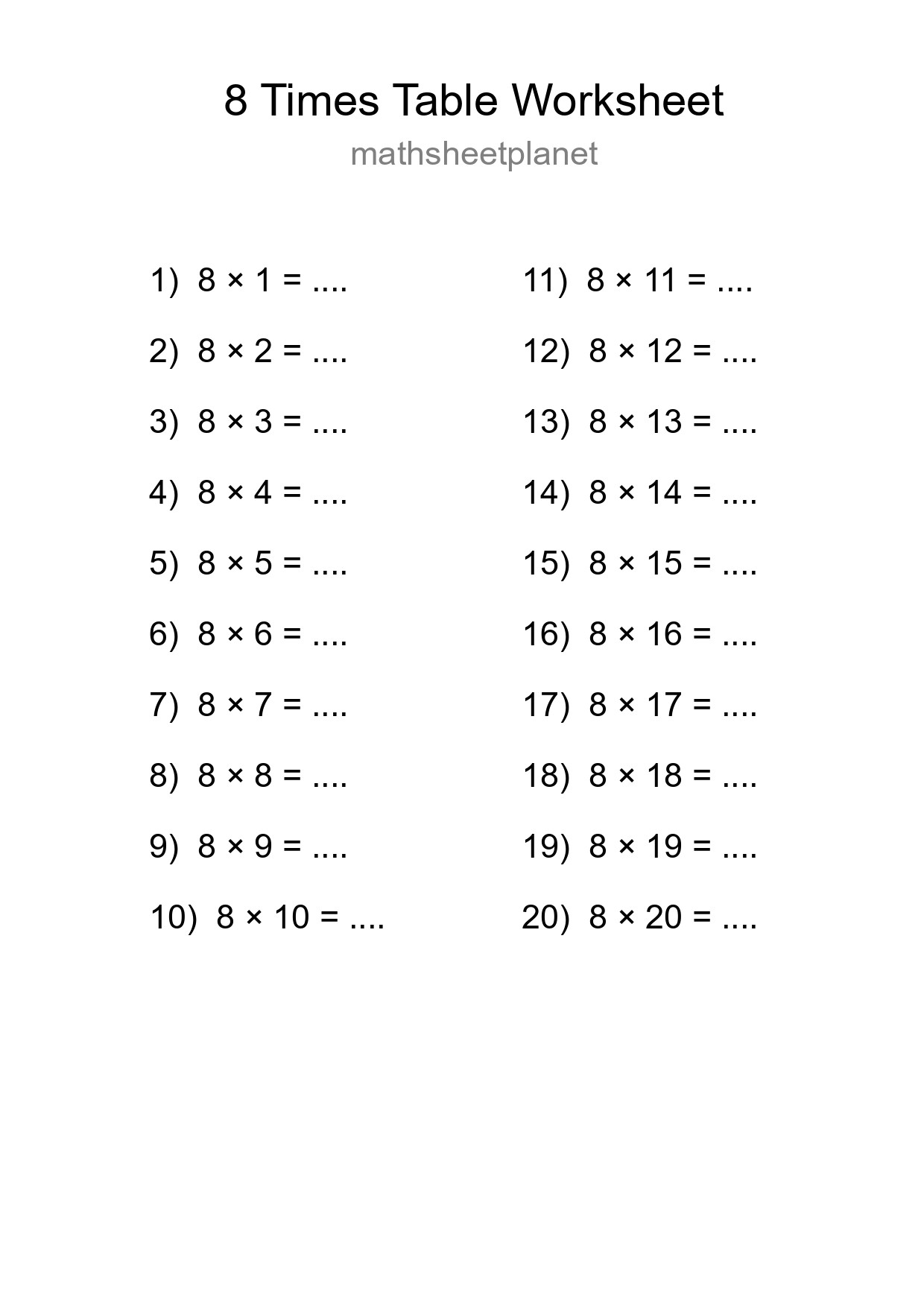 8 Times Table Worksheet For Grade 3 With Answers - Part 218