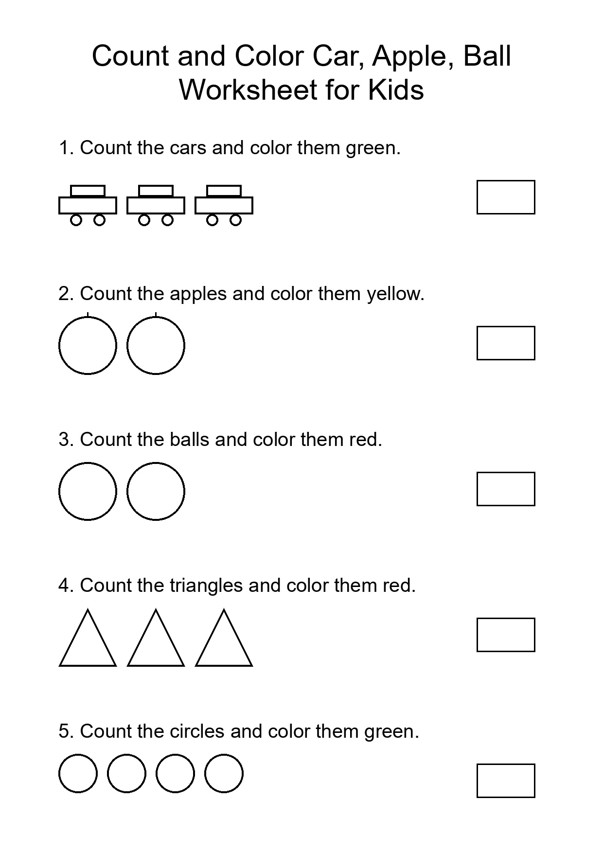 Count and Color Car, Apple, Ball Worksheet for Kids
