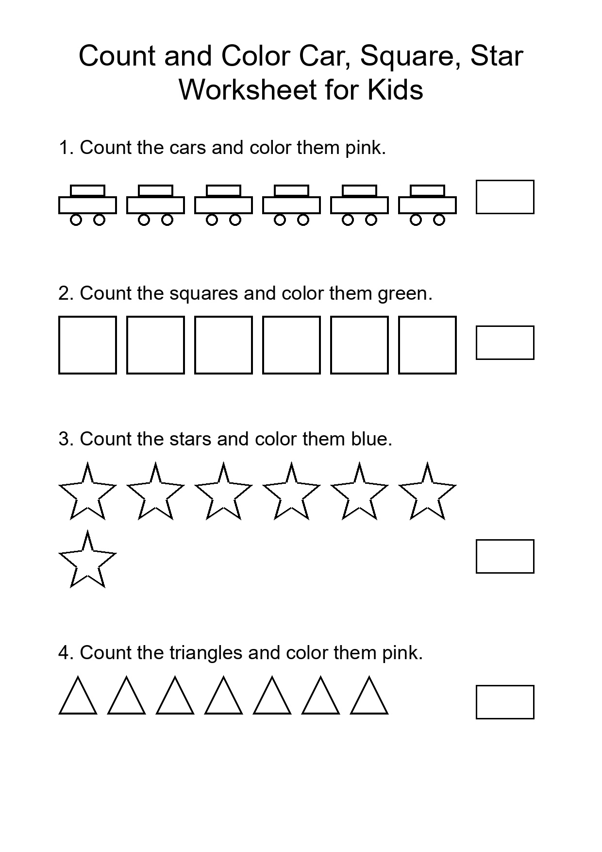 Count and Color Car, Square, Star Worksheet for Kids
