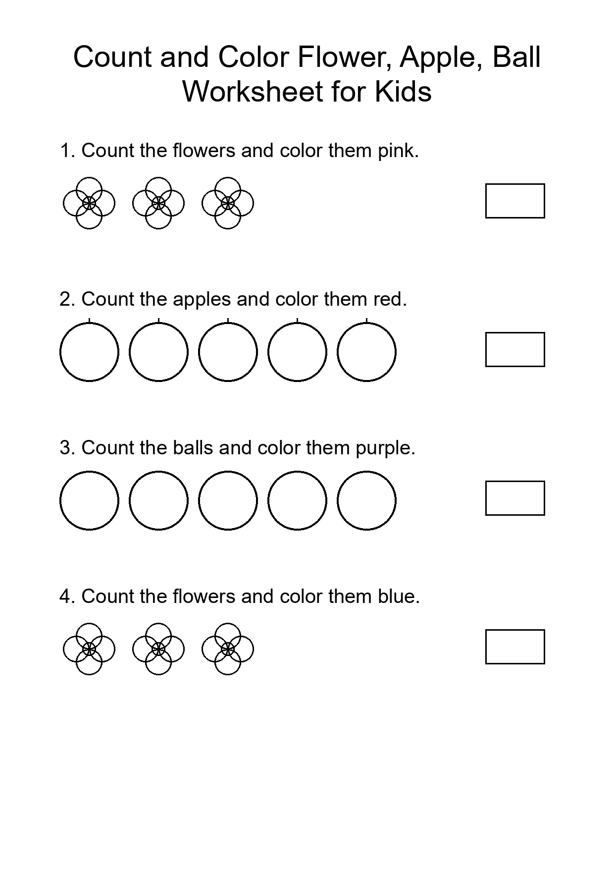 Count and Color Flower, Apple, Ball Worksheet for Kids
