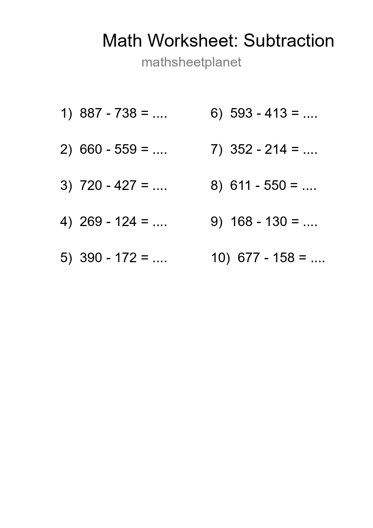 Free 10 Subtraction Math Worksheet For Grade 5 With Answers - Part 250