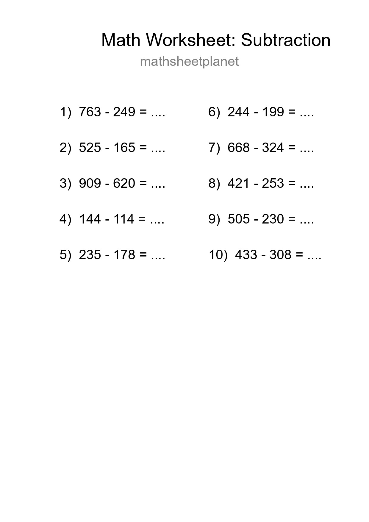 Free 10 Subtraction Math Worksheet For Grade 5 With Answers - Part 96