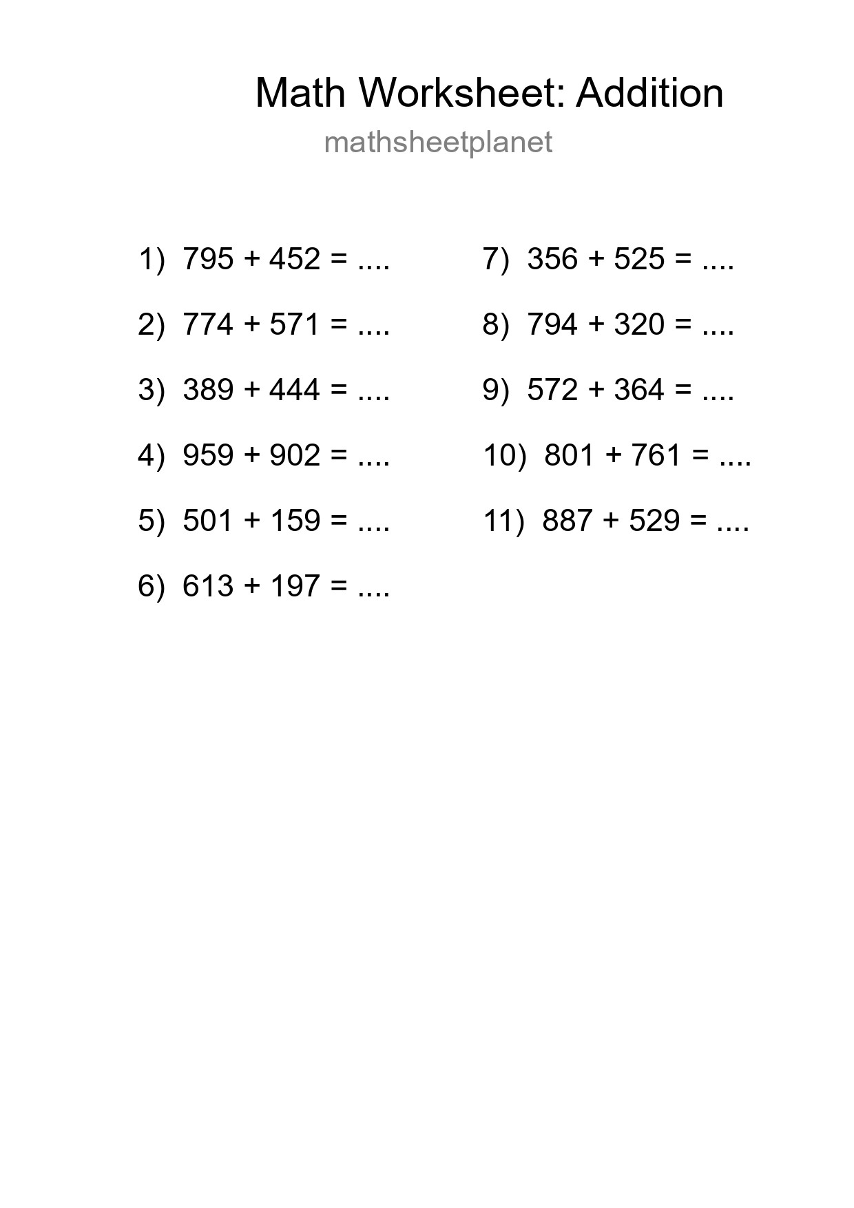 Free 11 Addition Math Worksheet For Grade 5 - Part 144