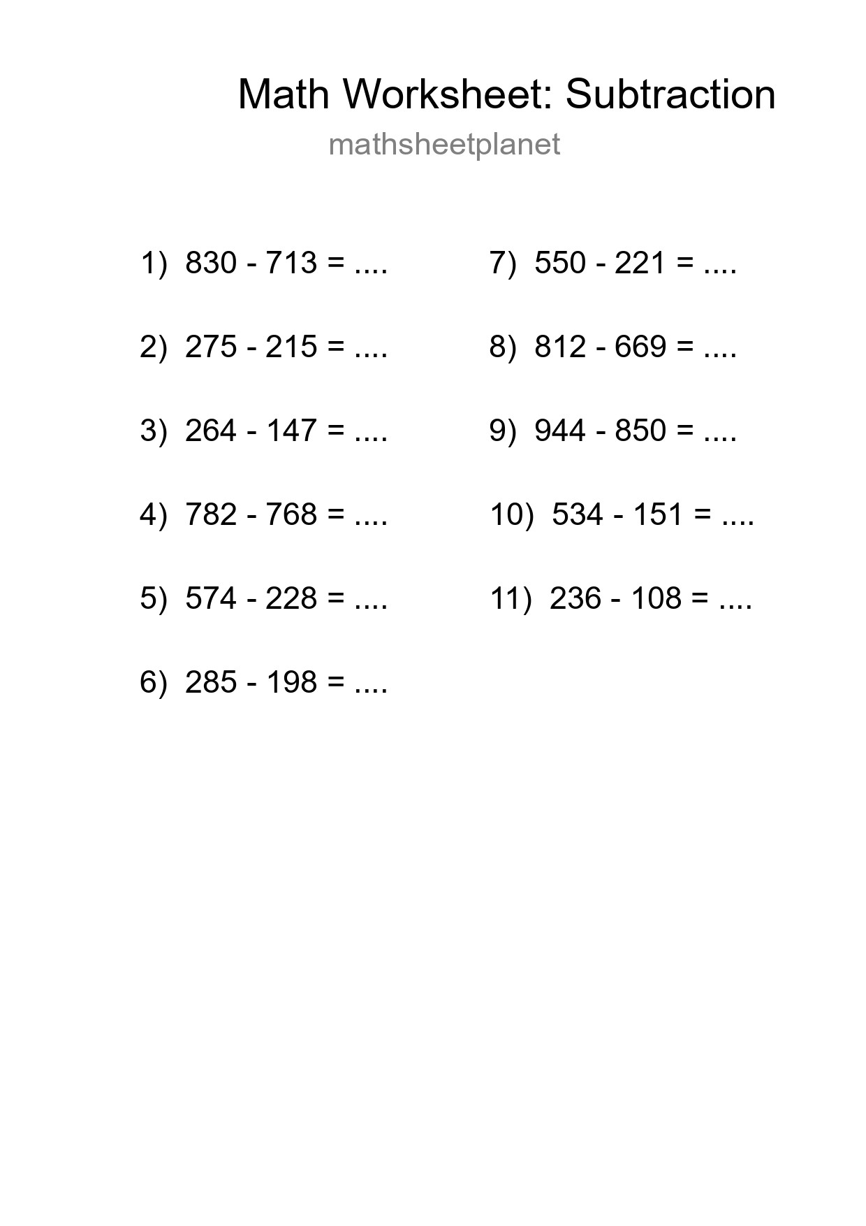 Free 11 Subtraction Math Worksheet For Grade 5 - Part 8