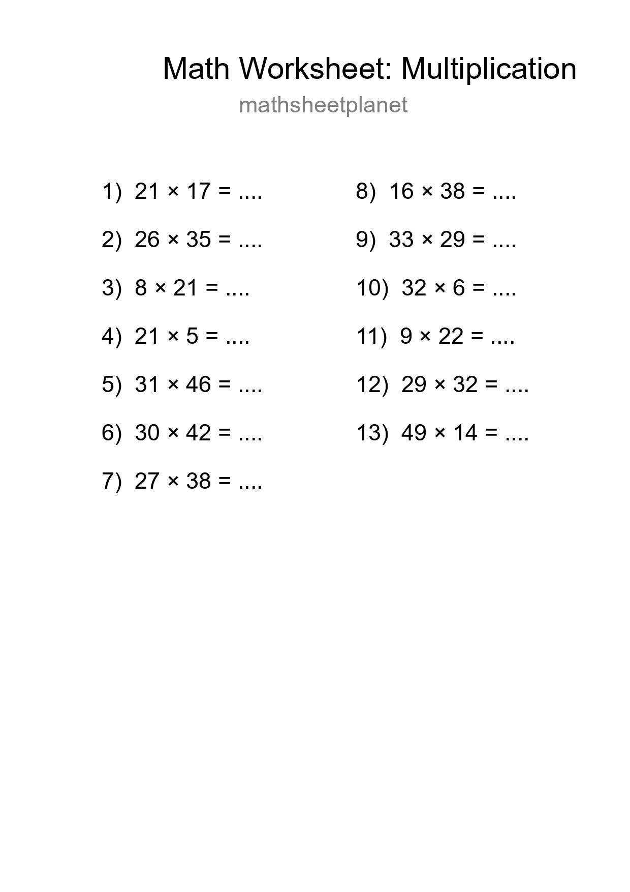 Free 13 Multiplication Math Worksheet For Grade 2 - Part 260