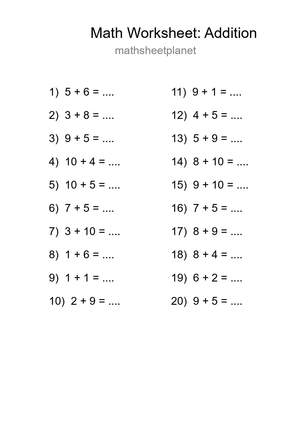 Free 20 Addition Math Worksheet For Grade 1 - Part 298