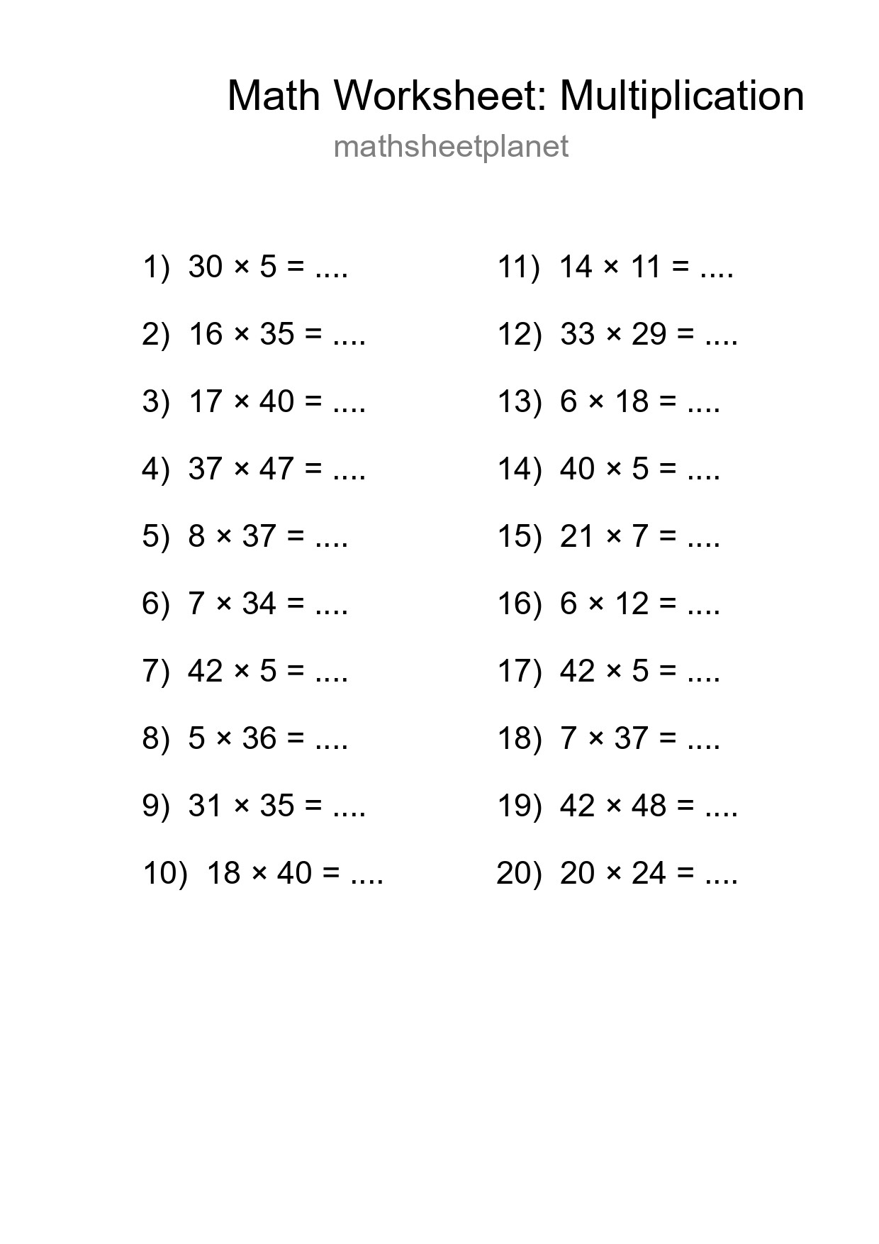 Free 20 Multiplication Math Worksheet For Grade 2 - Part 205