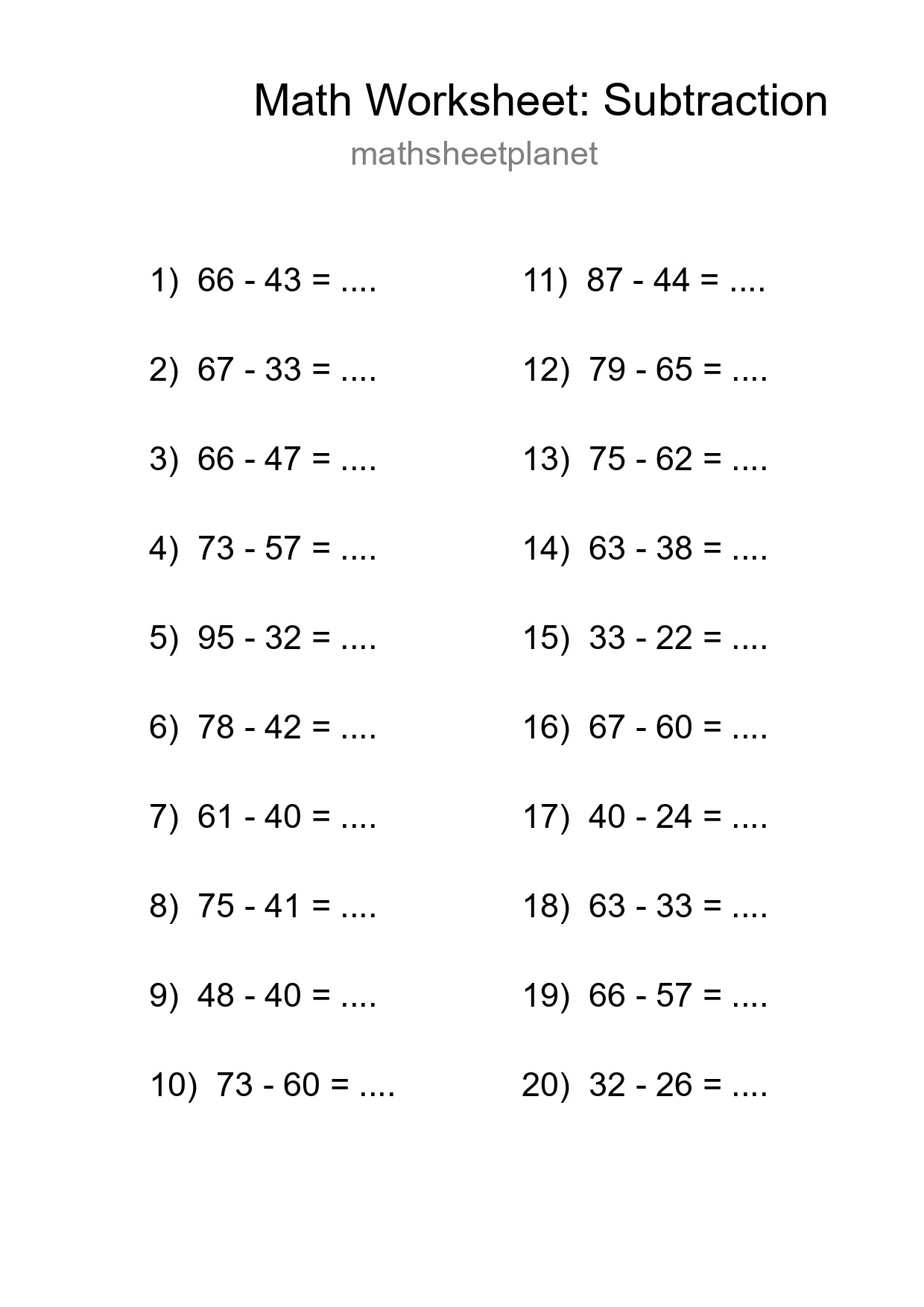 Free 20 Subtraction Math Worksheet For Grade 3 - Part 228