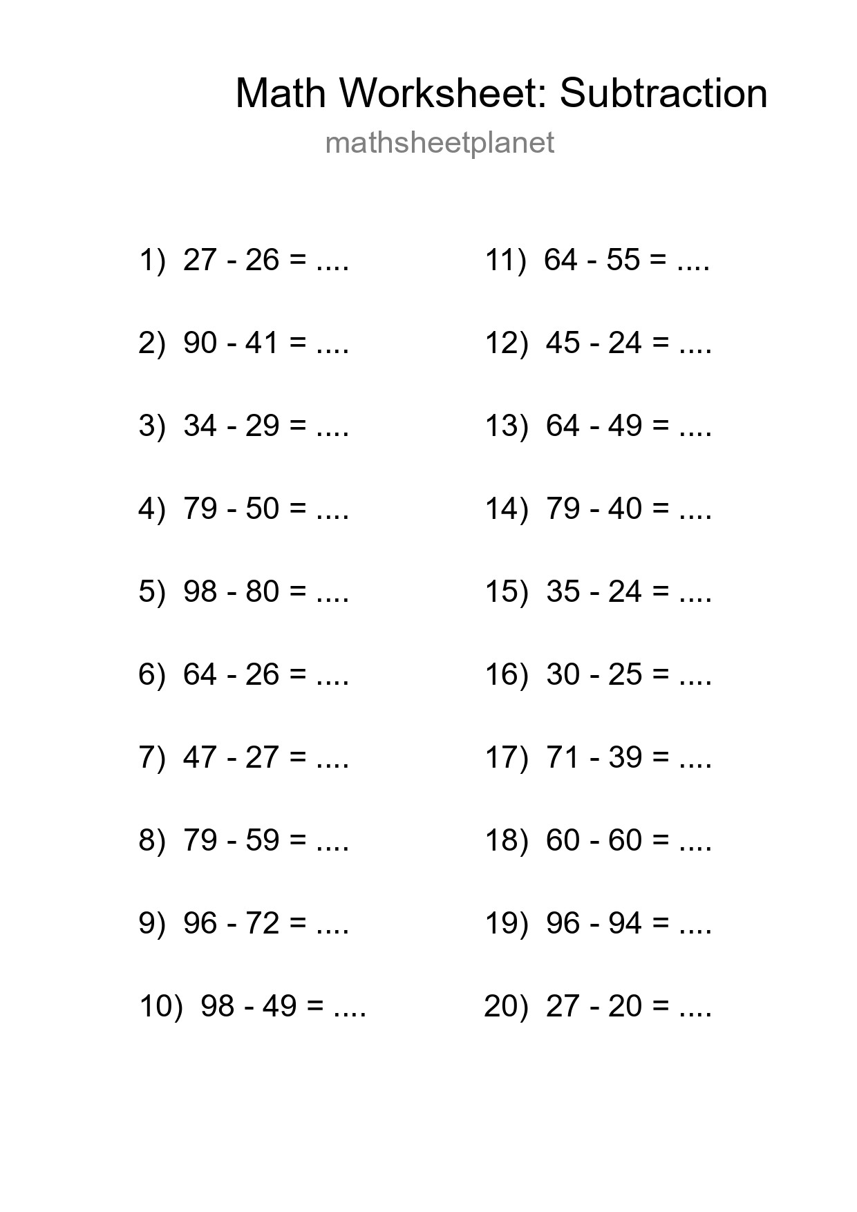 Free 20 Subtraction Math Worksheet For Grade 3 With Answers - Part 107
