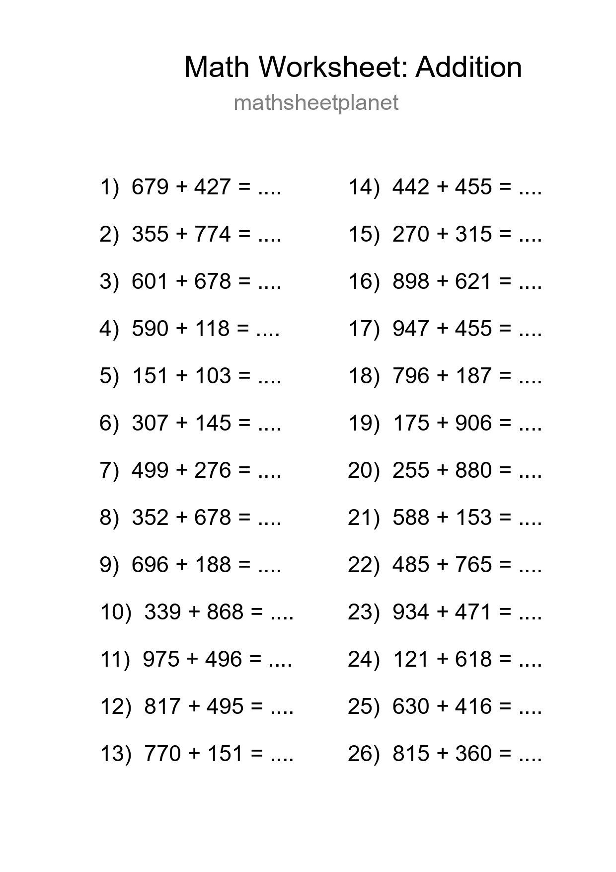 Free 26 Addition Math Worksheet For Grade 5 - Part 221