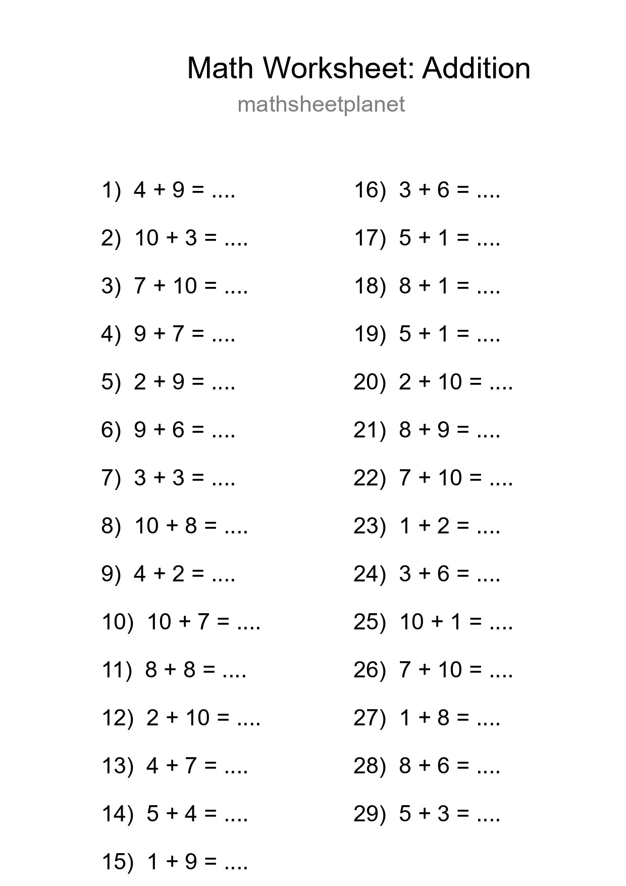 Free 29 Addition Math Worksheet For Grade 1 - Part 265