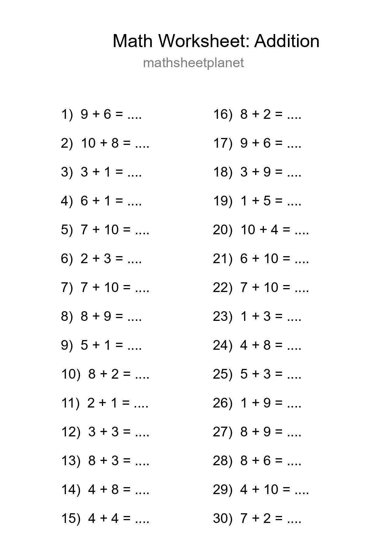 Free 30 Addition Math Worksheet For Grade 1 - Part 78