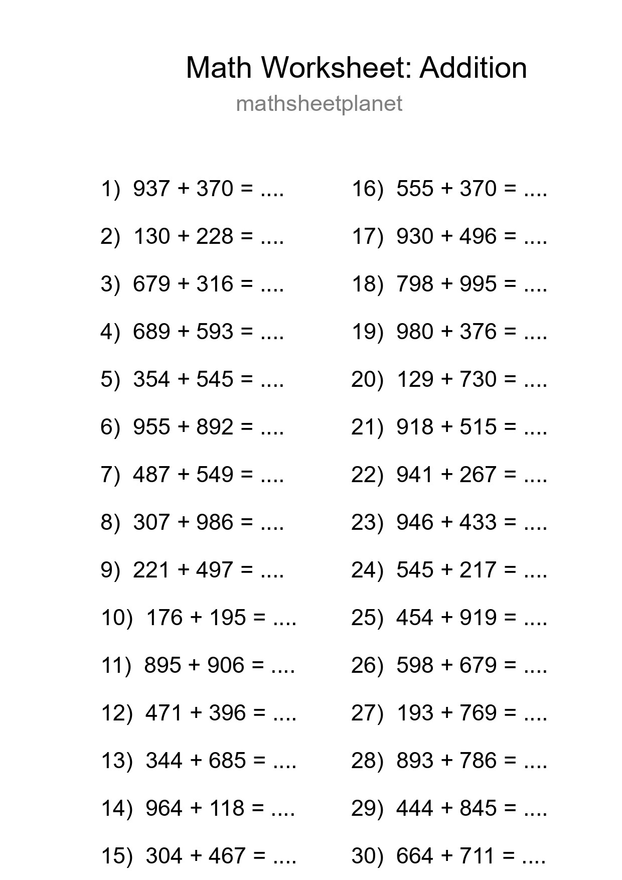 Free 30 Addition Math Worksheet For Grade 5 With Answers - Part 12