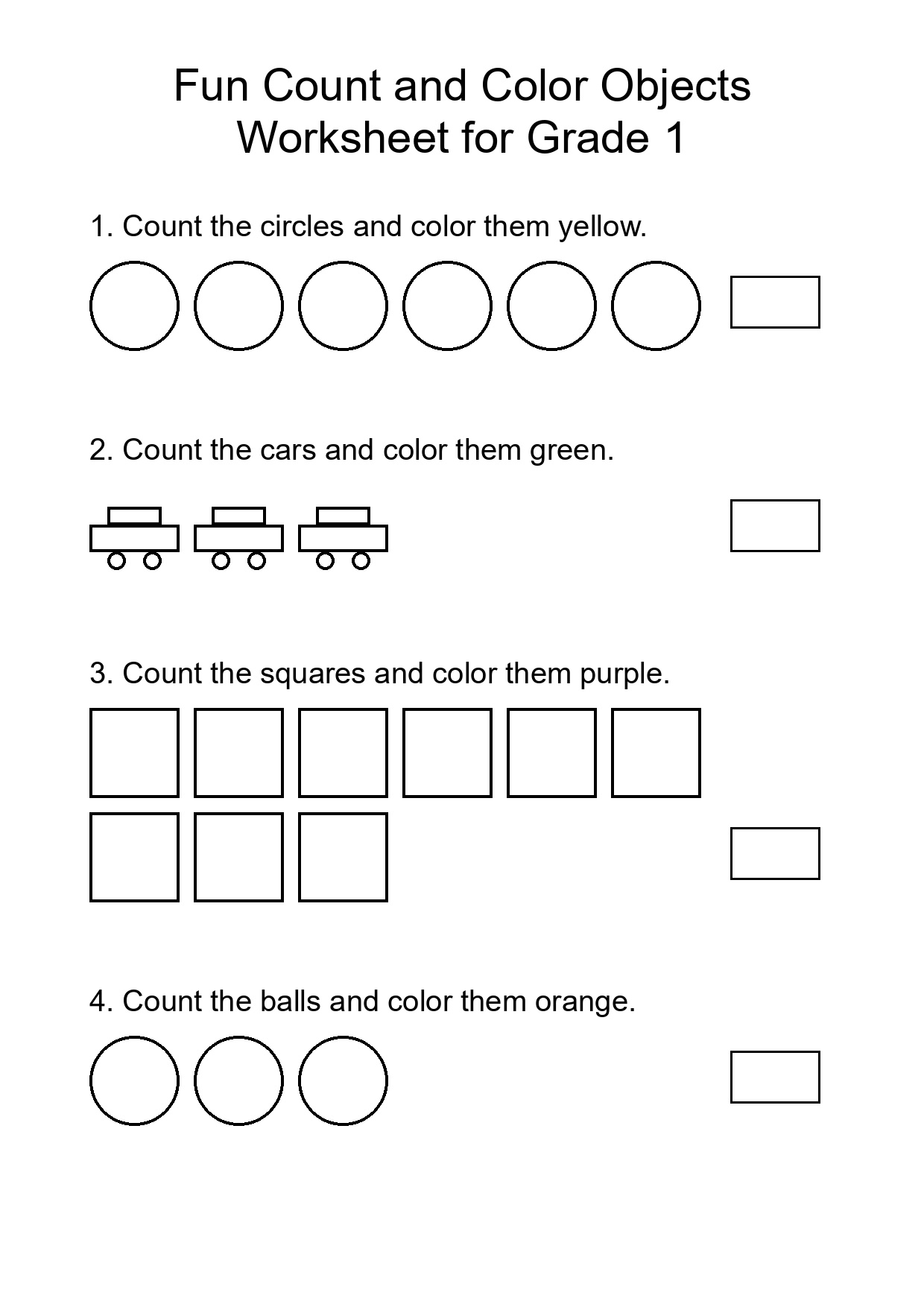 Fun Count and Color Objects Worksheet for Grade 1