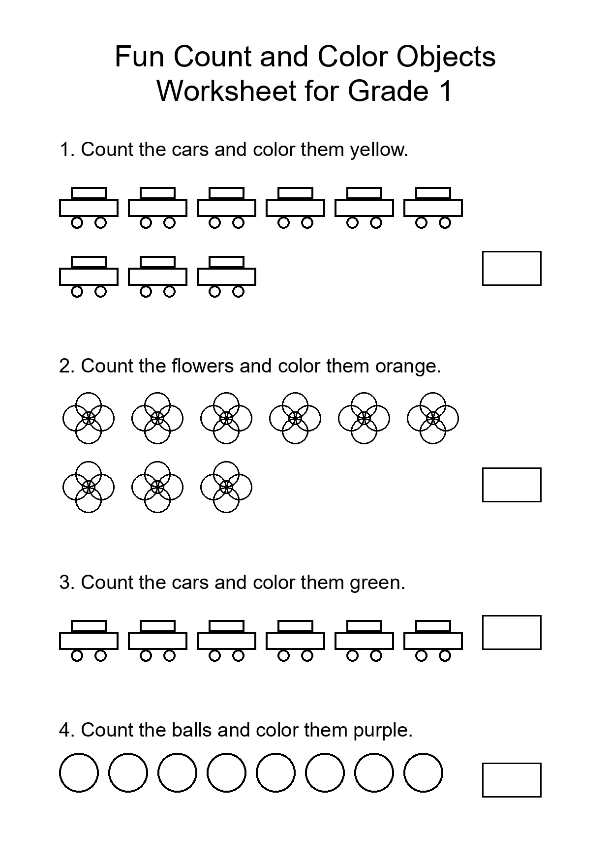 Fun Count and Color Objects Worksheet for Grade 1