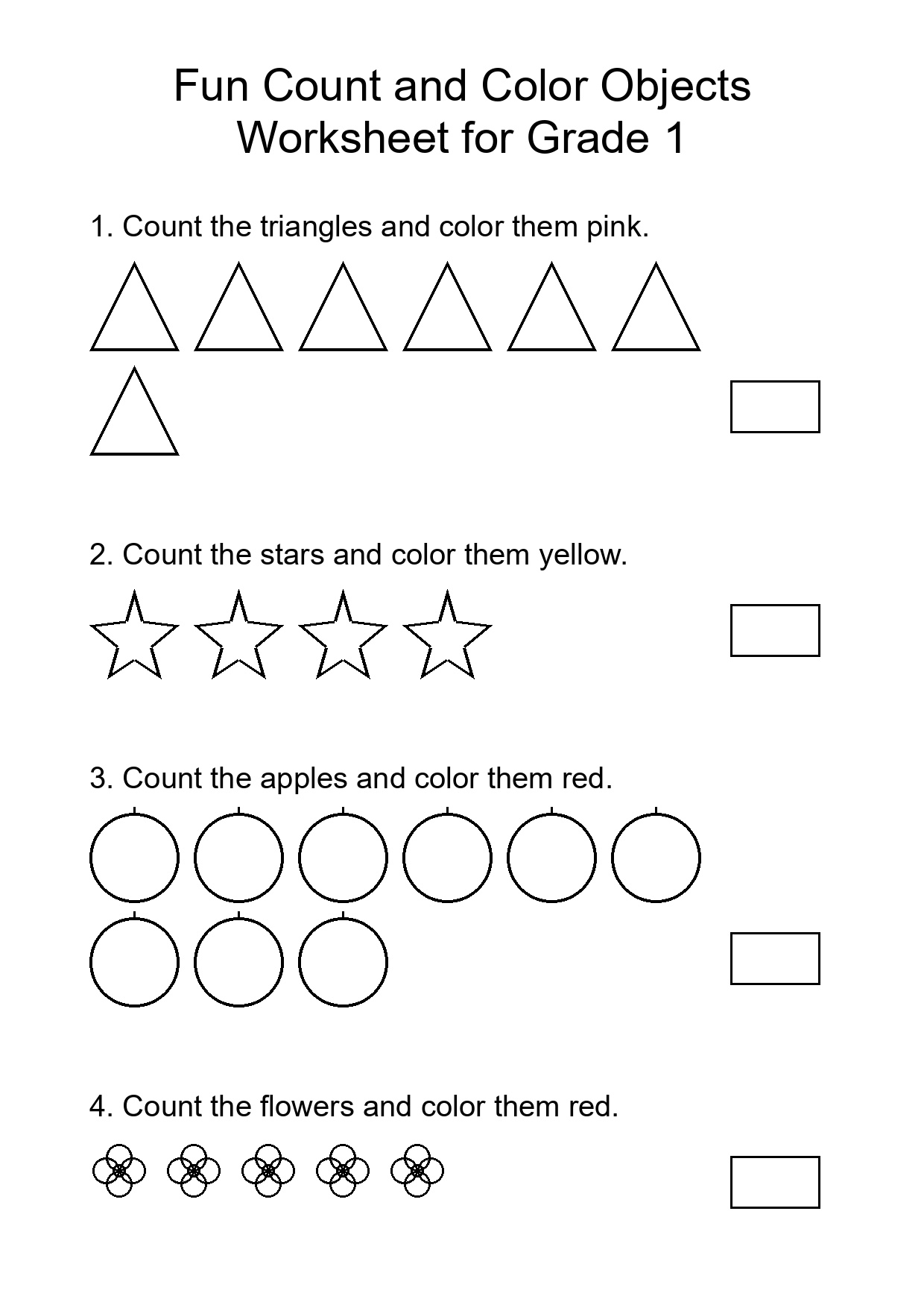 Fun Count and Color Objects Worksheet for Grade 1
