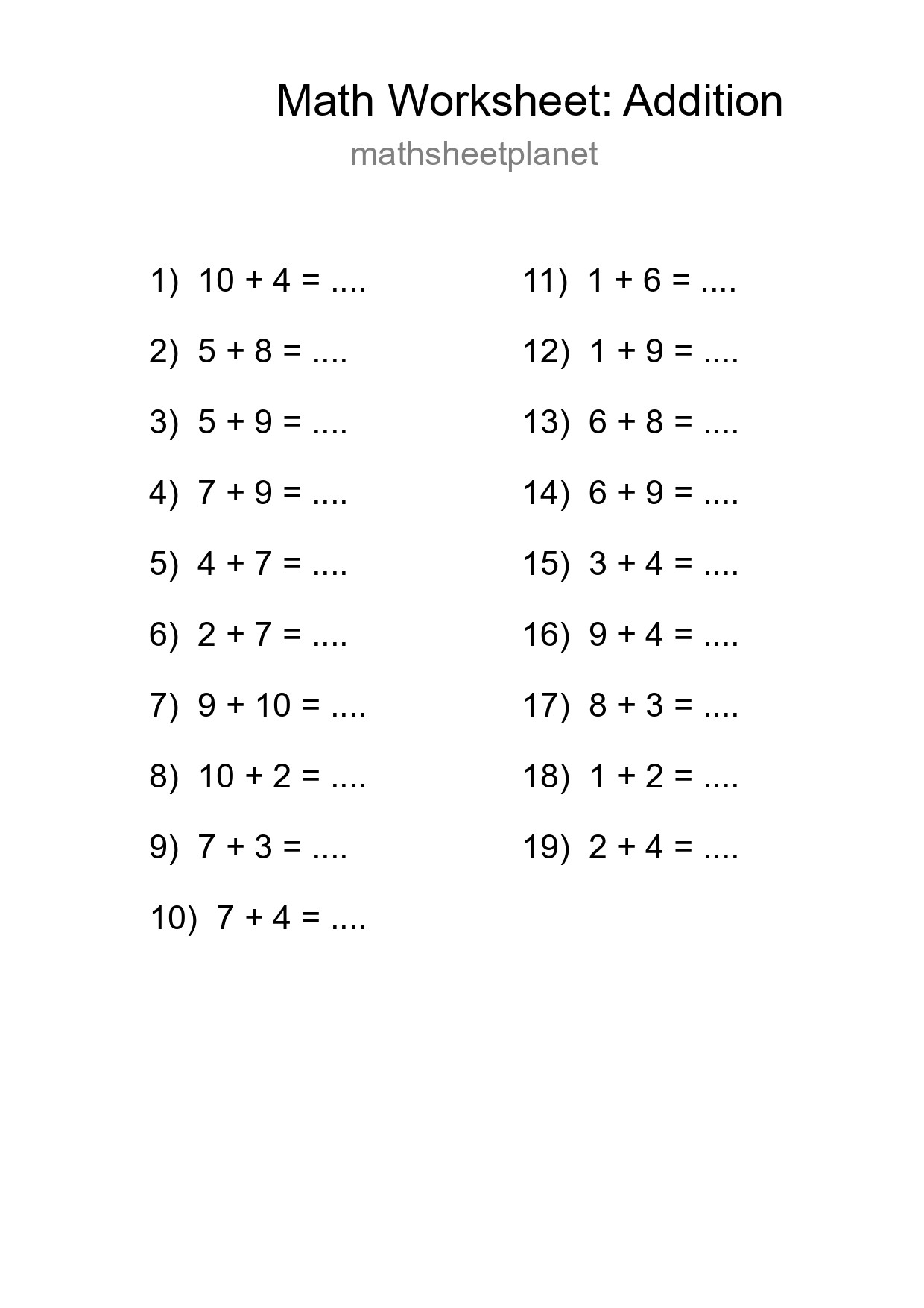 Grade 1 Addition Practice Worksheet (19 Problems) - Part 111