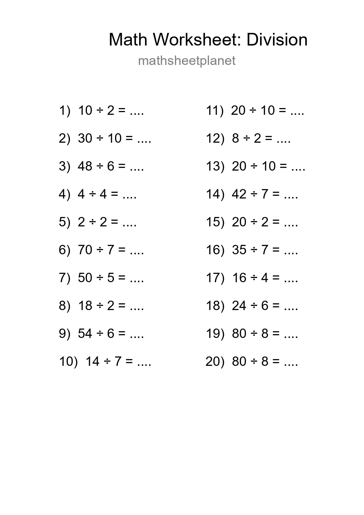 Grade 1 Division Practice Worksheet (20 Problems) - Part 81