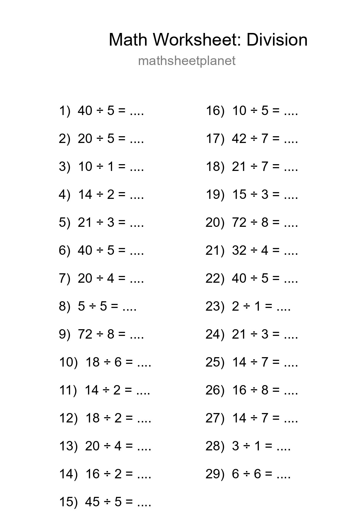 Grade 1 Division Practice Worksheet (29 Problems) - Part 15