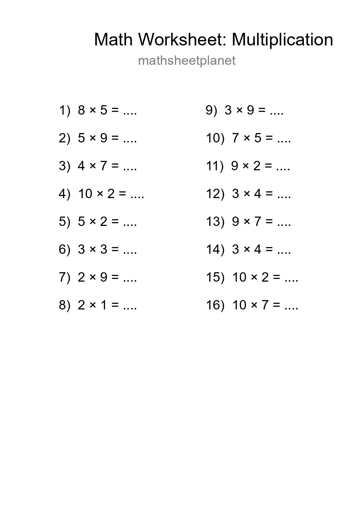 Grade 1 Multiplication Practice Worksheet (16 Problems) - Part 183