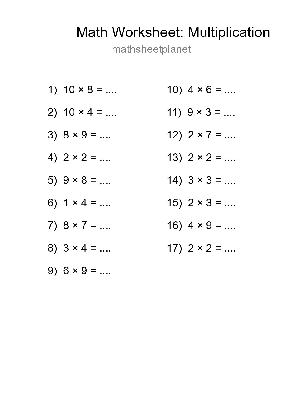 Grade 1 Multiplication Practice Worksheet (17 Problems) - Part 150