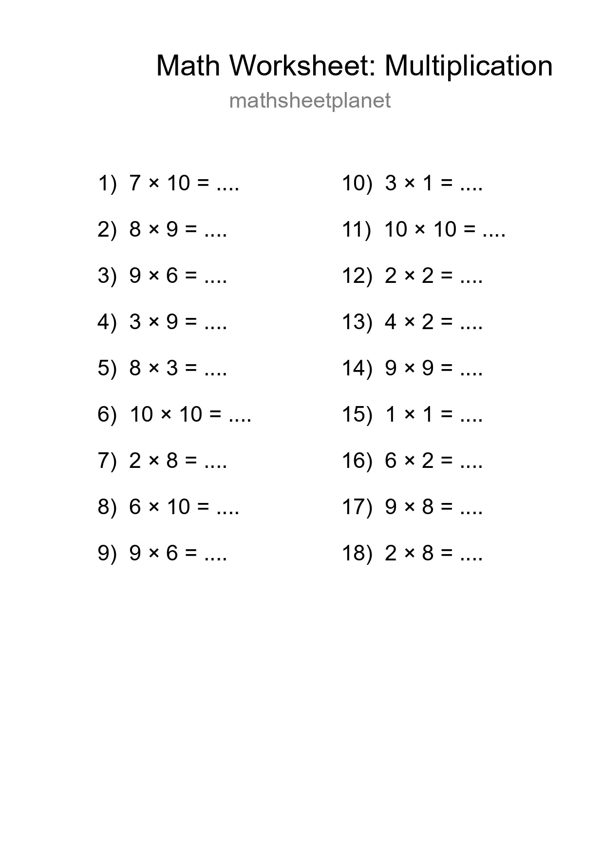 Grade 1 Multiplication Practice Worksheet (18 Problems) - Part 139