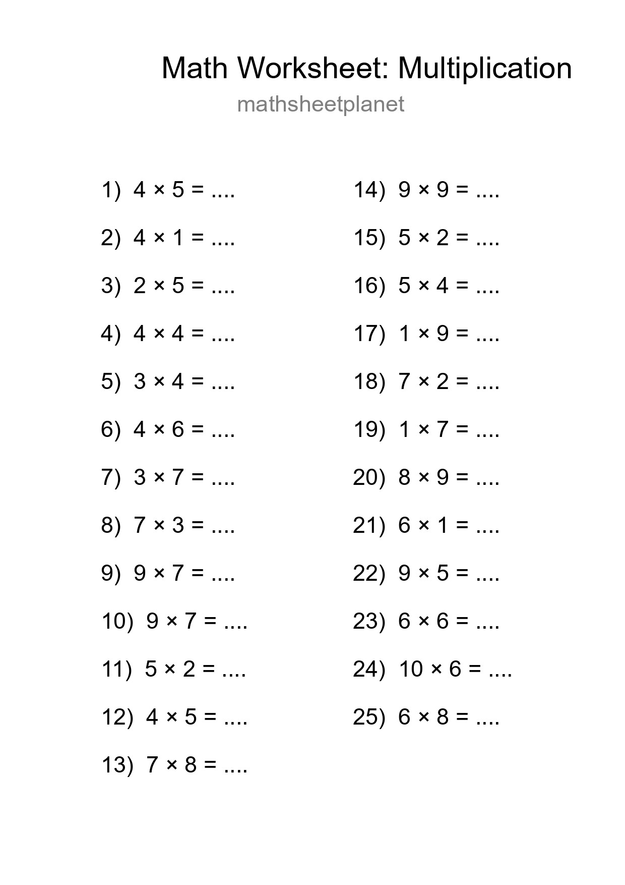 Grade 1 Multiplication Practice Worksheet (25 Problems) - Part 7