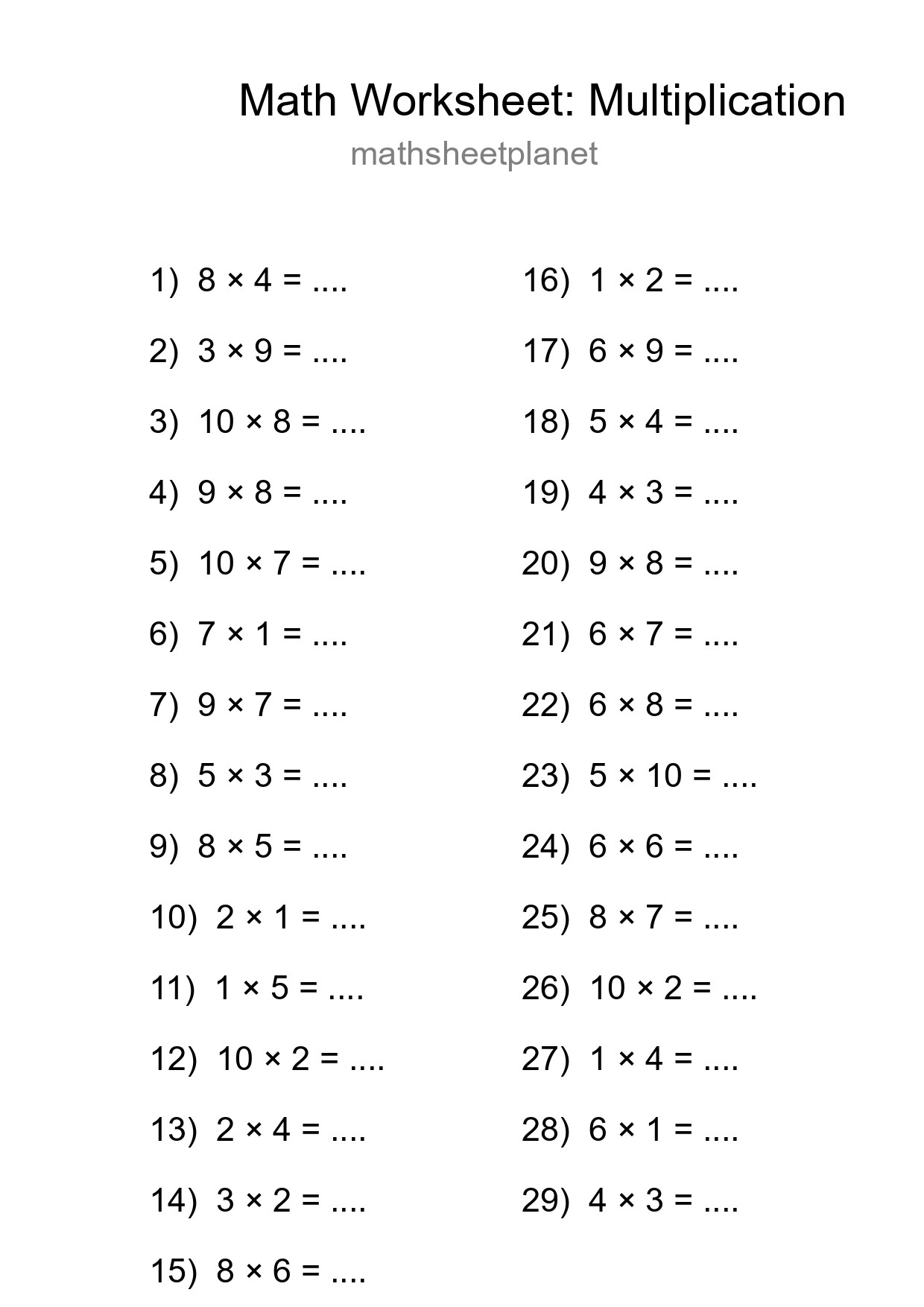 Grade 1 Multiplication Practice Worksheet (29 Problems) - Part 282