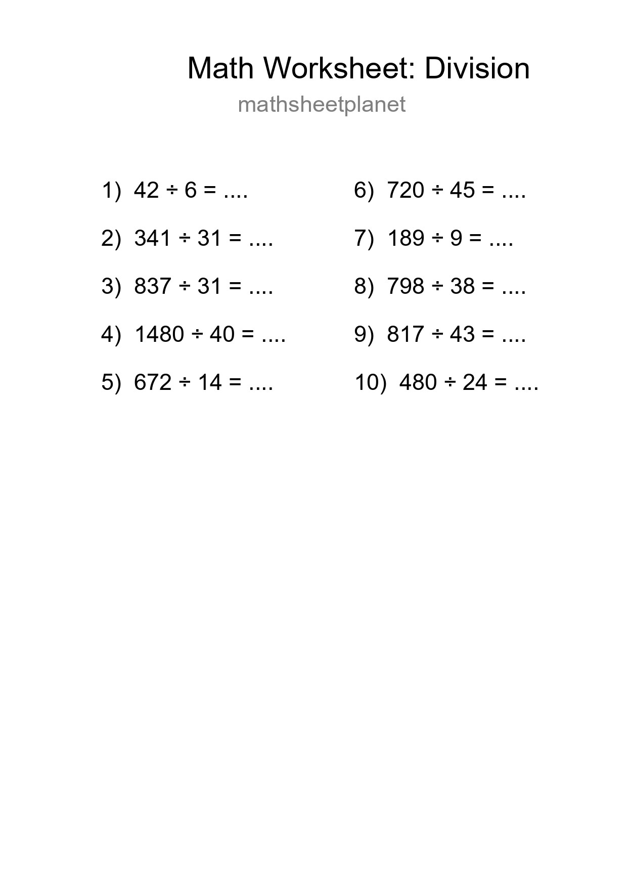 Grade 2 Division Practice Worksheet (10 Problems) - Part 70