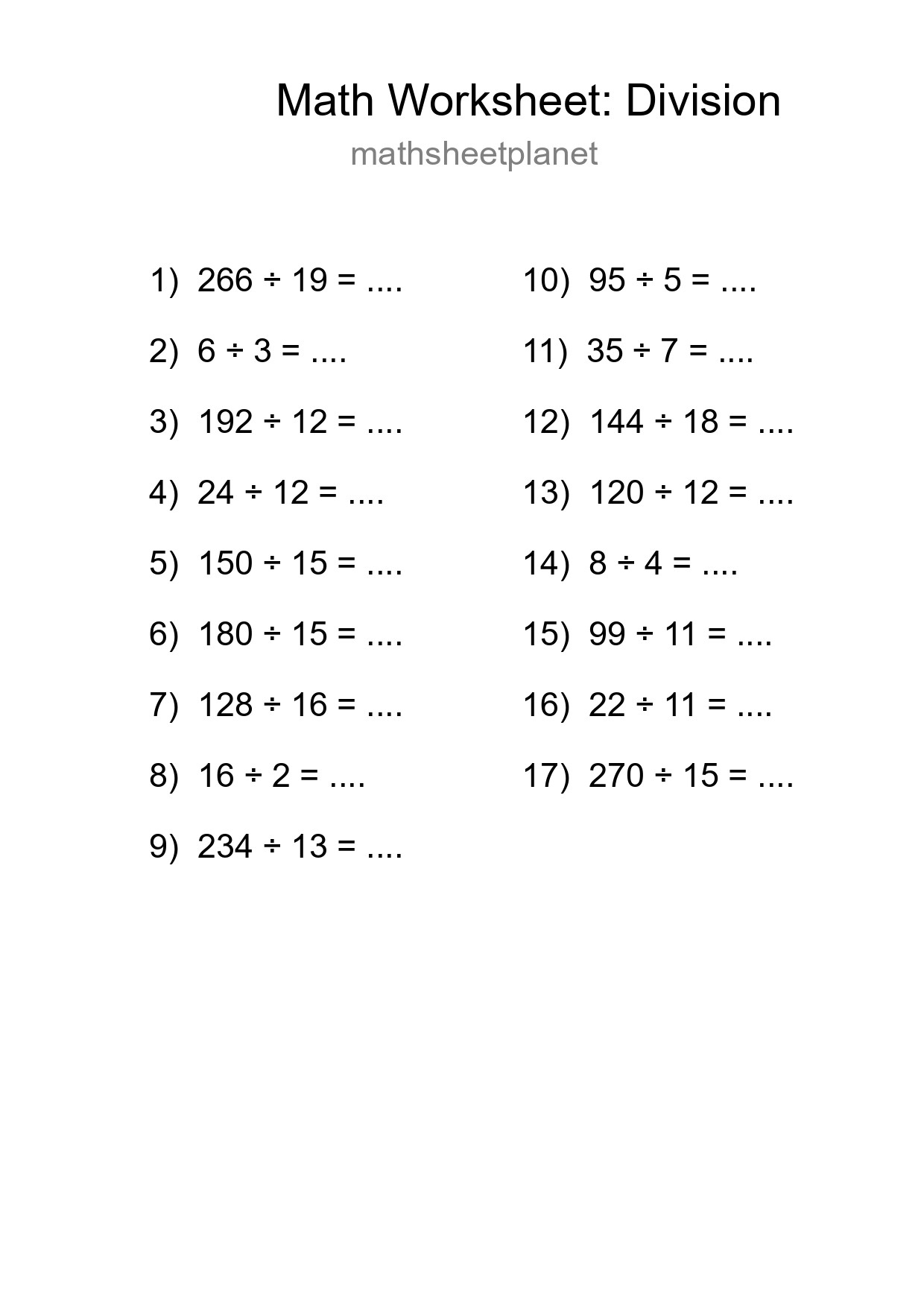Grade 2 Division Practice Worksheet (17 Problems) - Part 103
