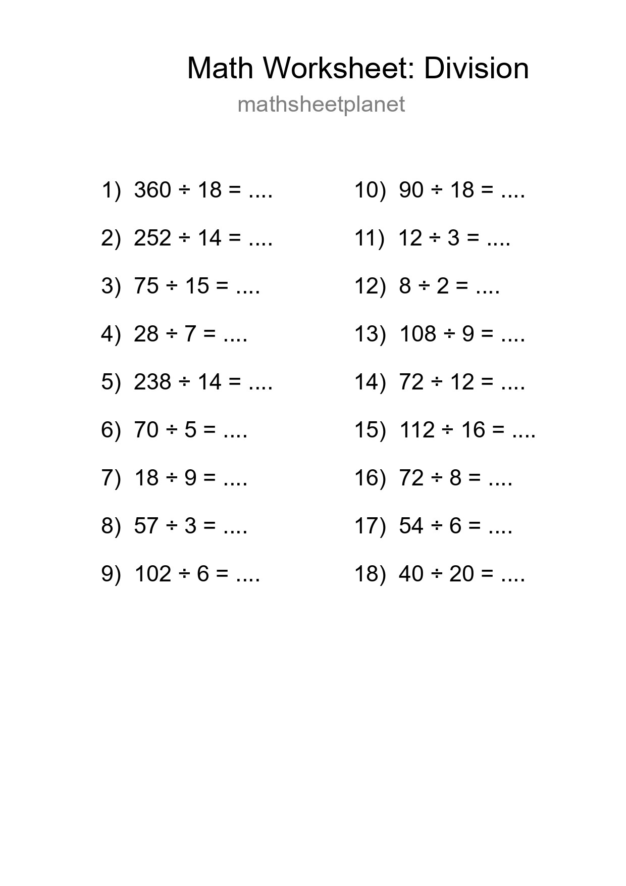 Grade 2 Division Practice Worksheet (18 Problems) - Part 213