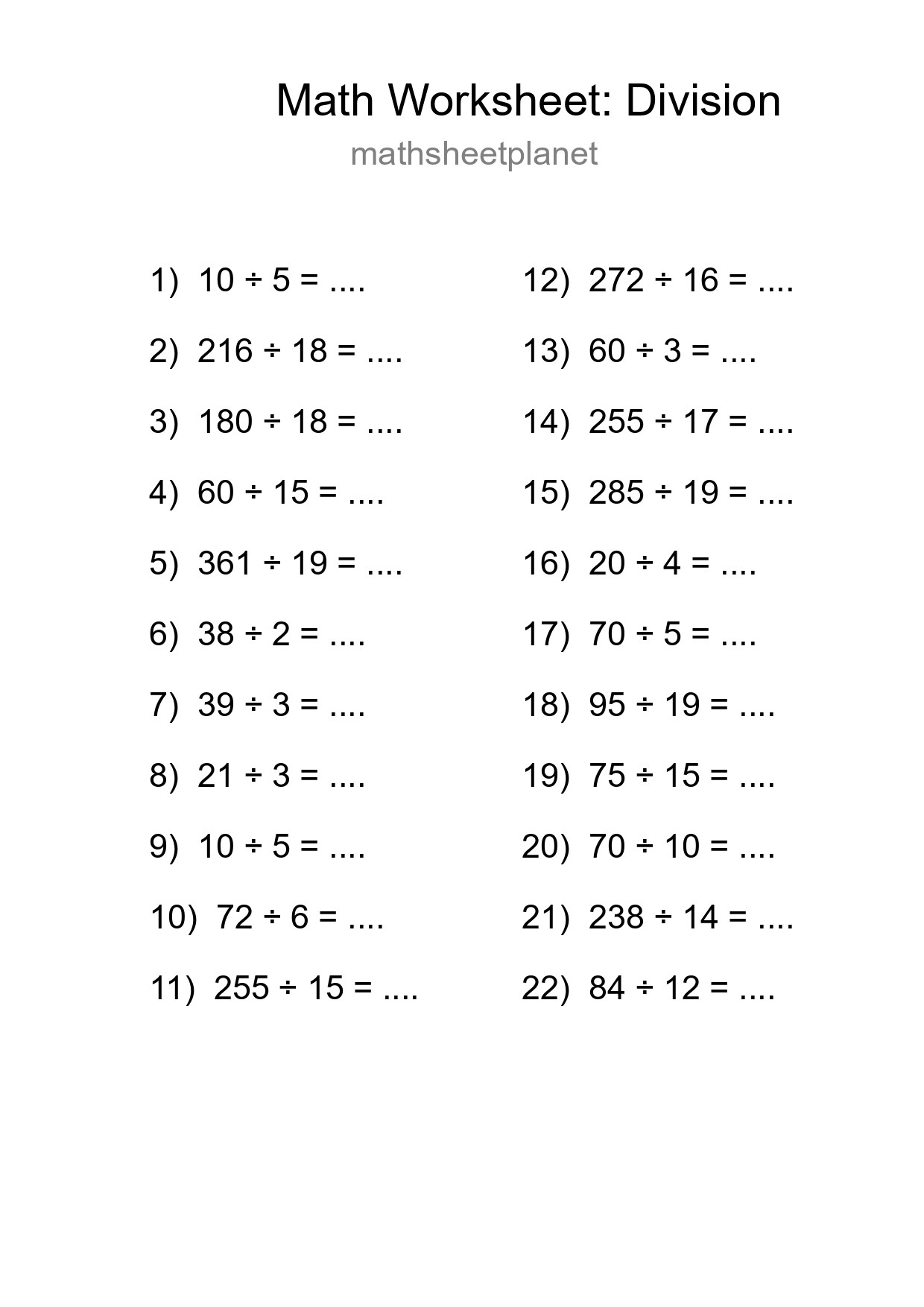 Grade 2 Division Practice Worksheet (22 Problems) - Part 235