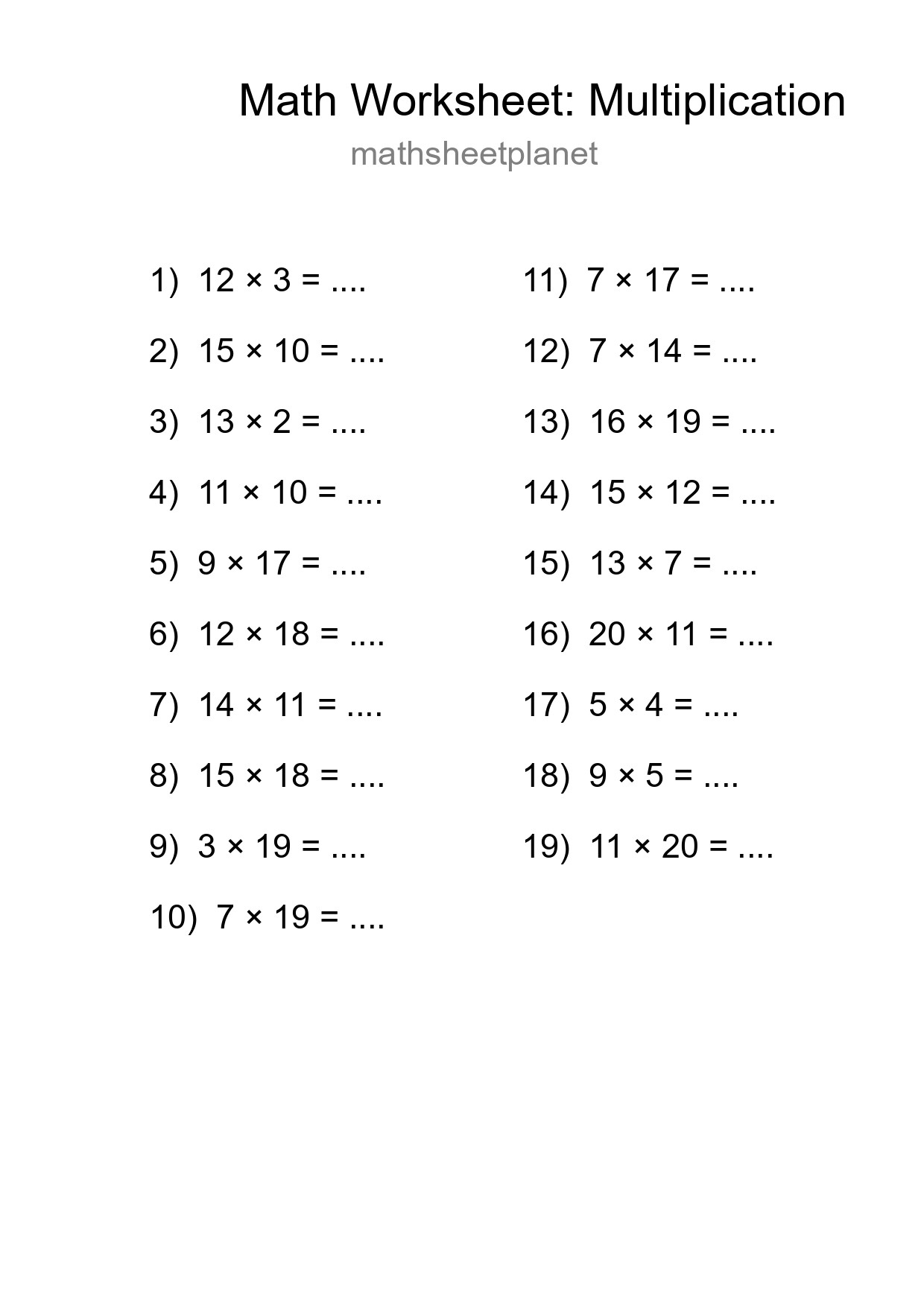 Grade 2 Multiplication Practice Worksheet (19 Problems) - Part 194