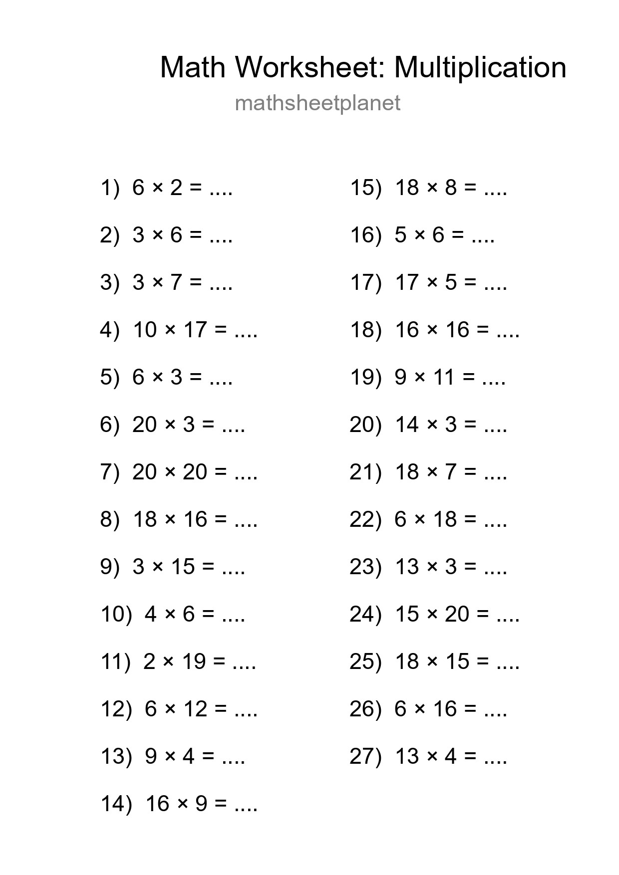Grade 2 Multiplication Practice Worksheet (27 Problems) - Part 51