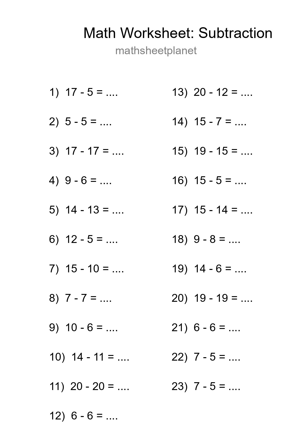 Grade 2 Subtraction Practice Worksheet (23 Problems) - Part 239