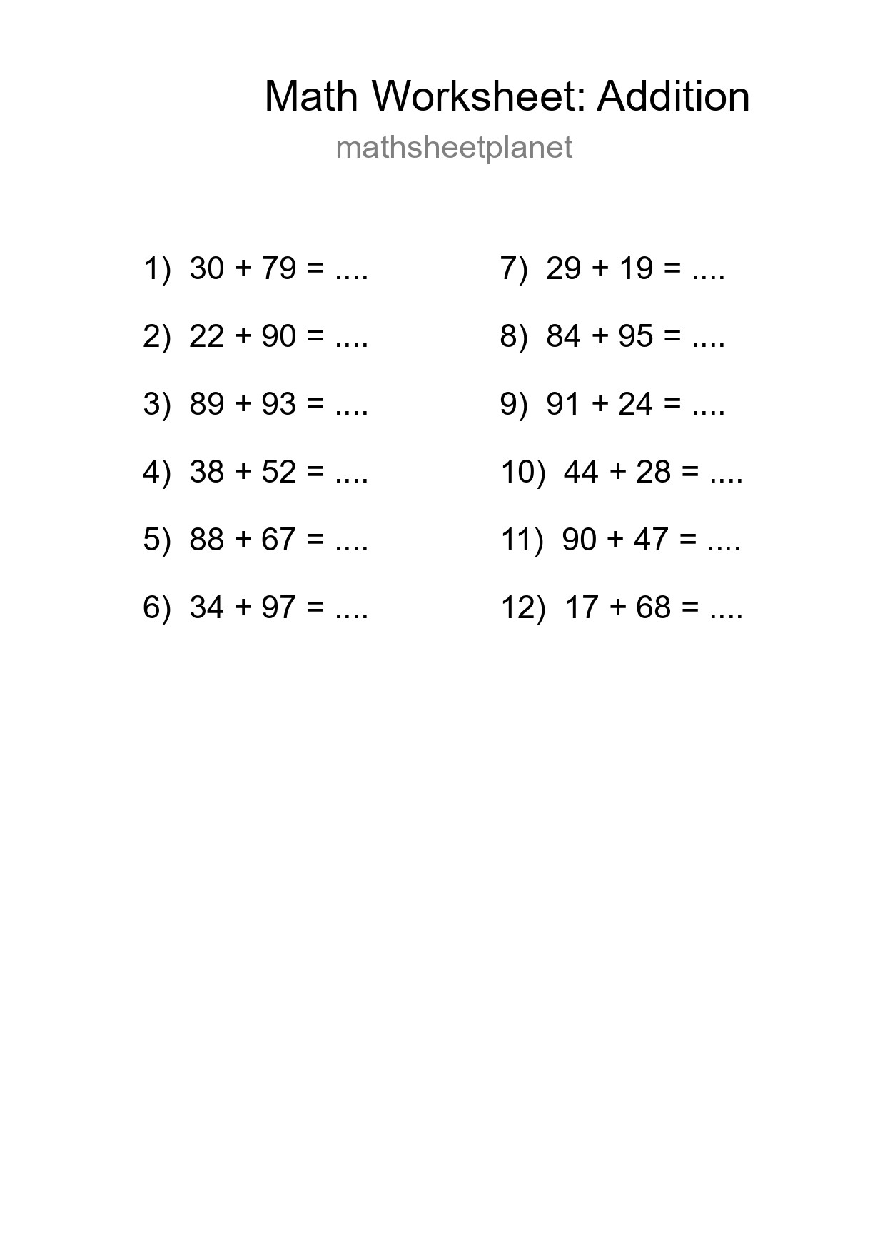 Grade 3 Addition Practice Worksheet (12 Problems) - Part 155