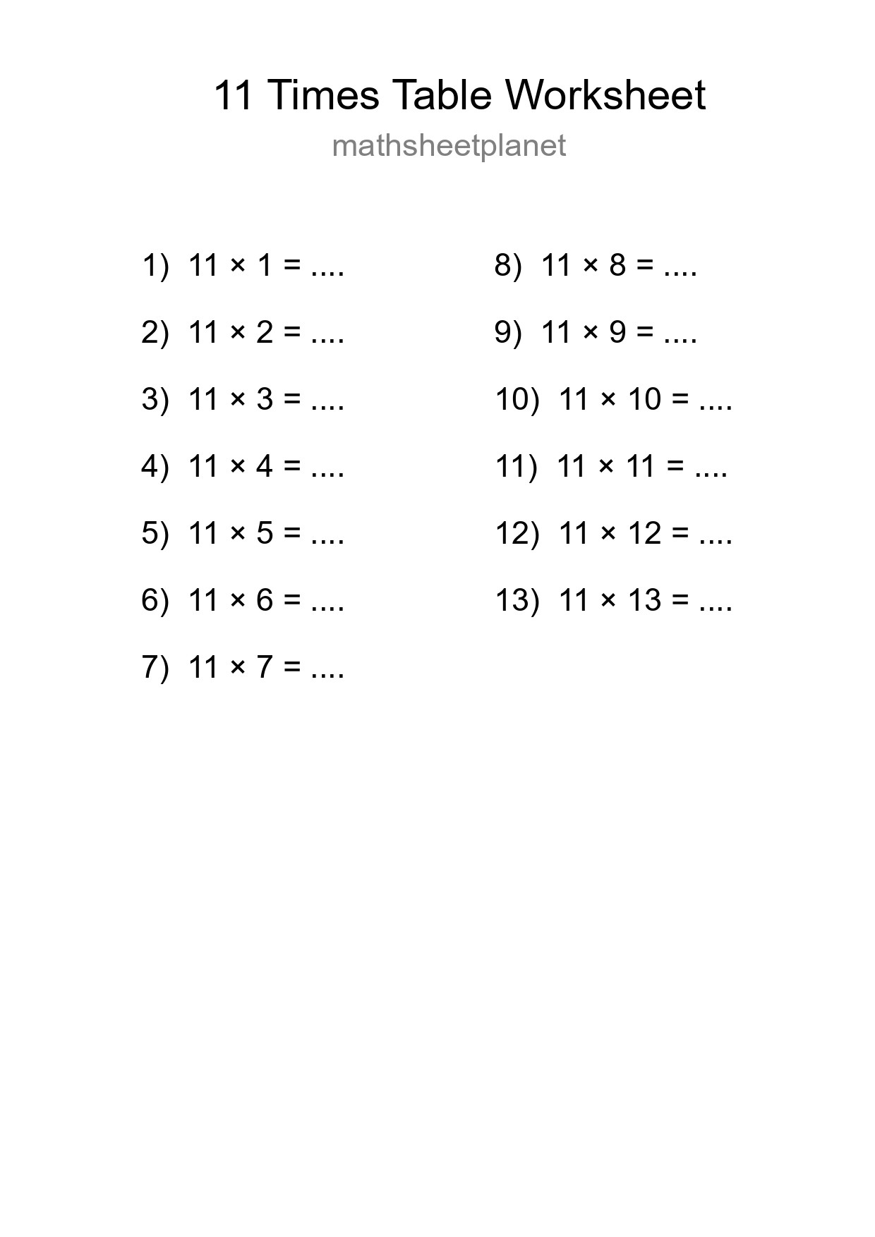 Grade 4 Multiplication Table 11 Practice - Part 9