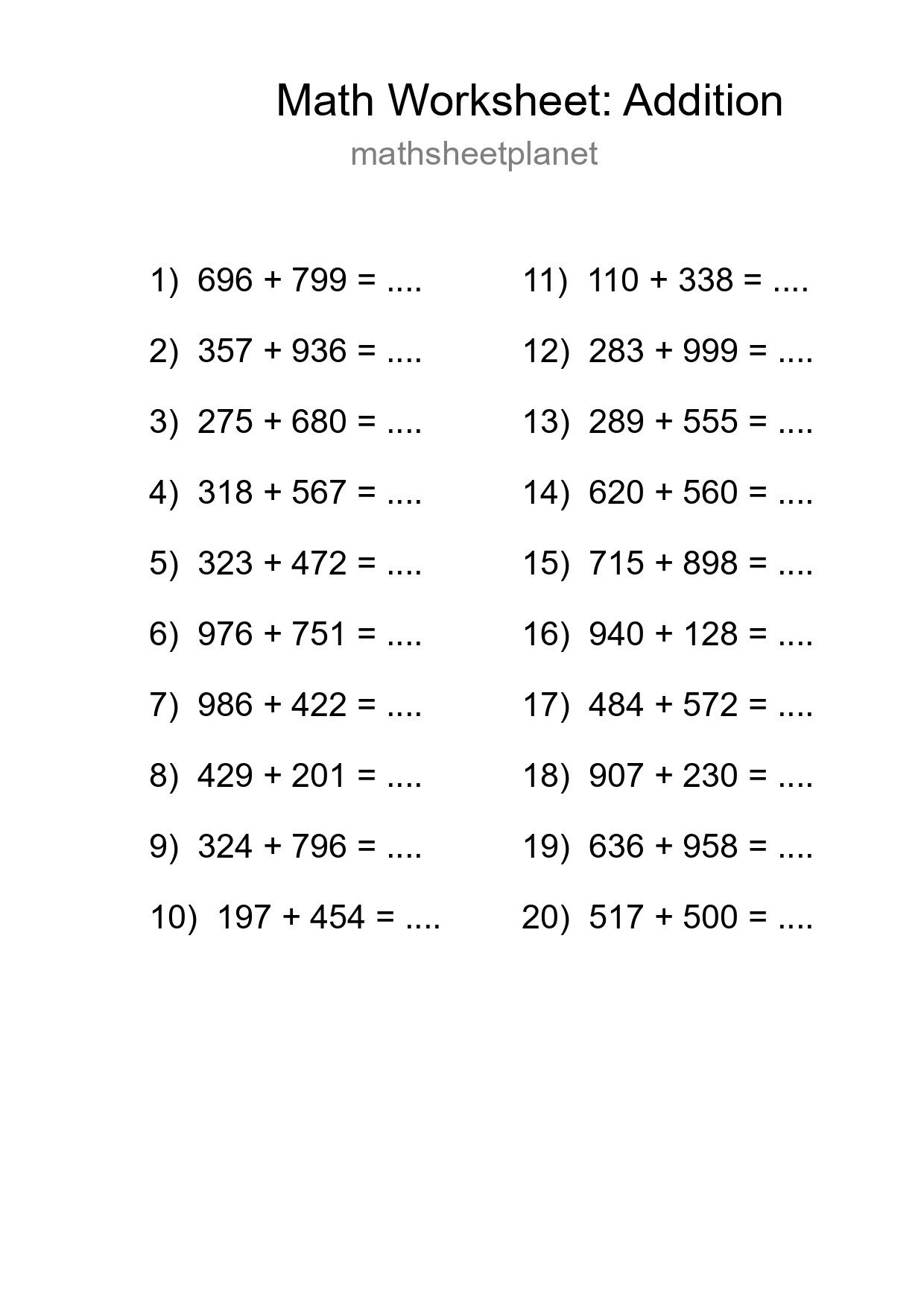 Grade 5 Addition Practice Worksheet (20 Problems) - Part 243