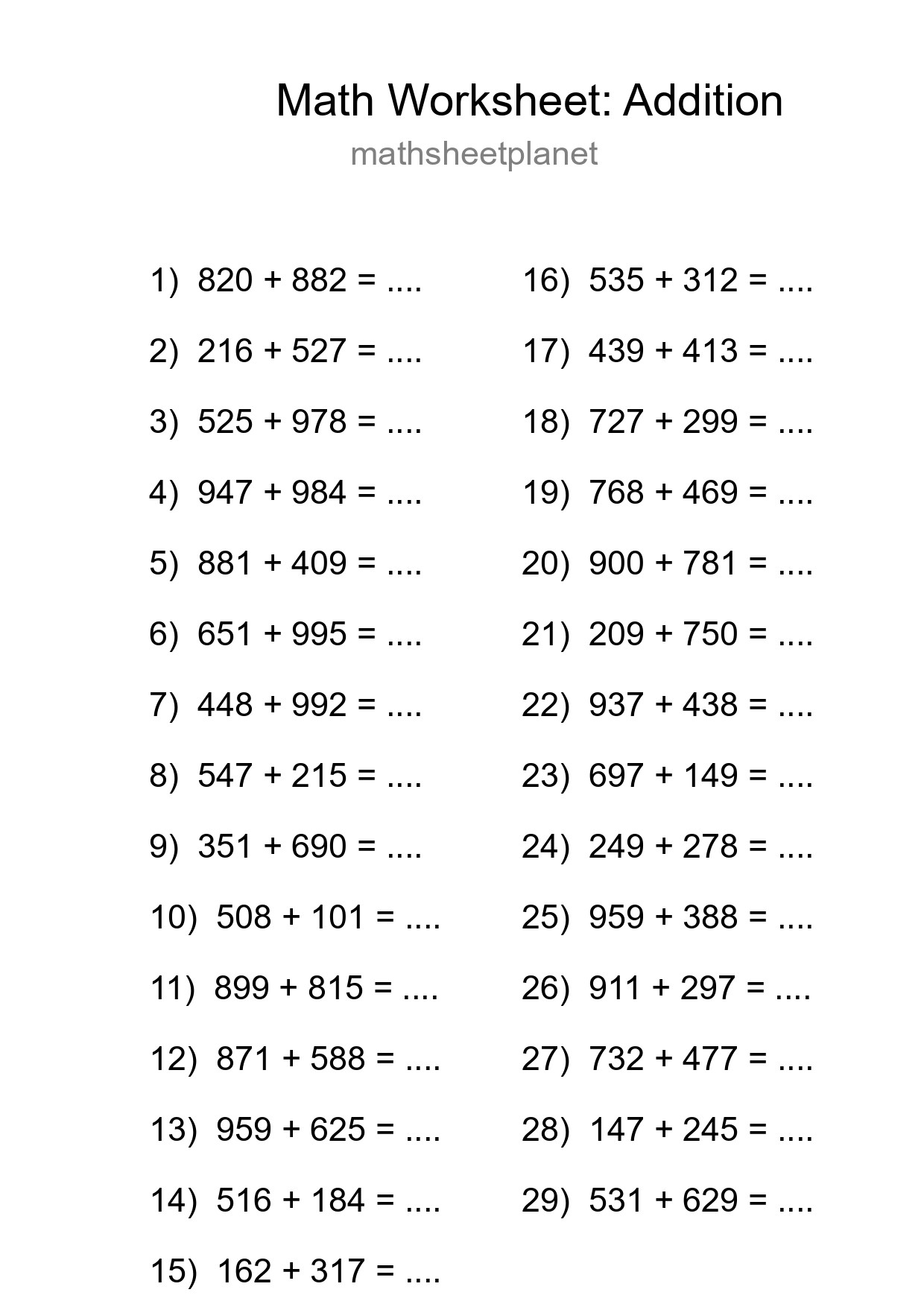 Grade 5 Addition Practice Worksheet (29 Problems) - Part 89