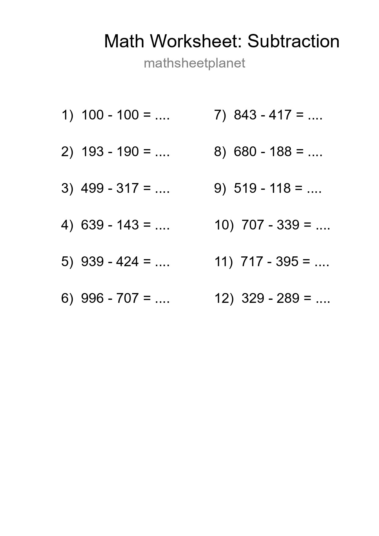 Grade 5 Subtraction Practice Worksheet (12 Problems) - Part 195