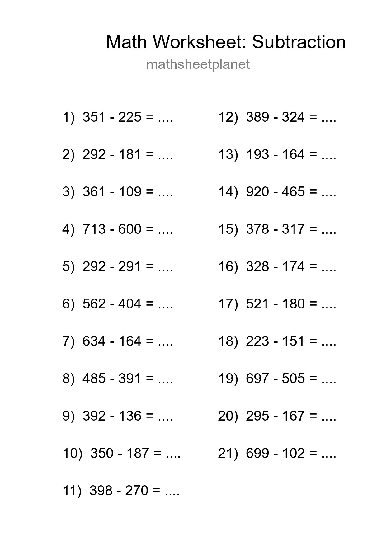 Grade 5 Subtraction Practice Worksheet (21 Problems) - Part 140