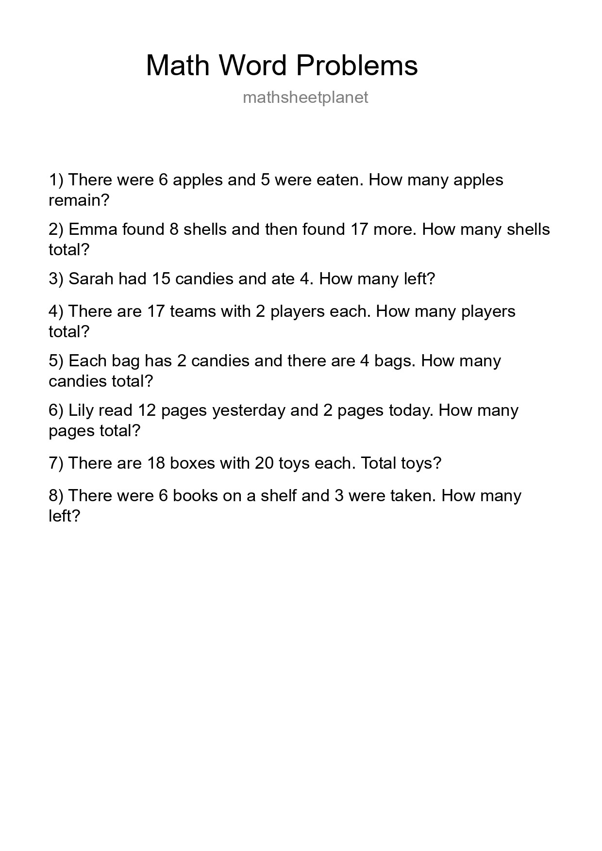 Math Word Problem Worksheet