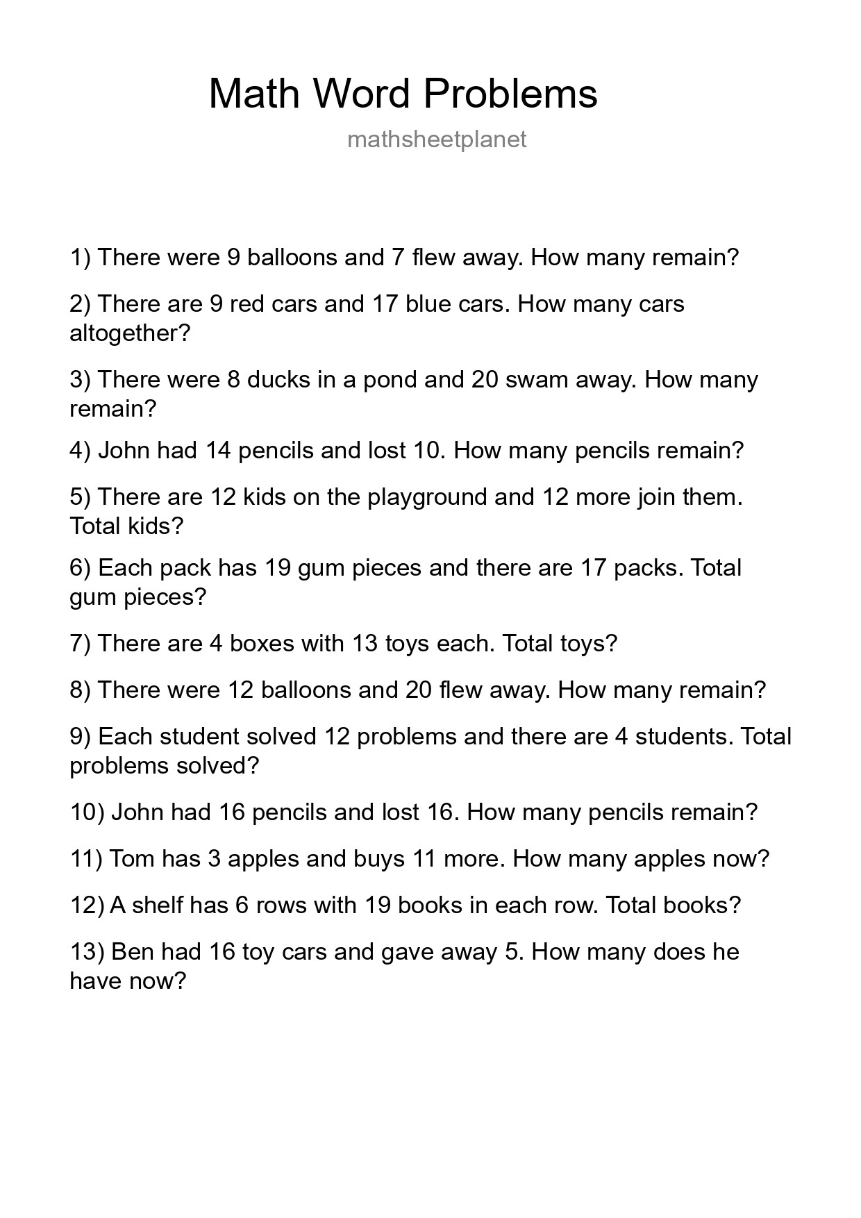 Math Word Problem Worksheet