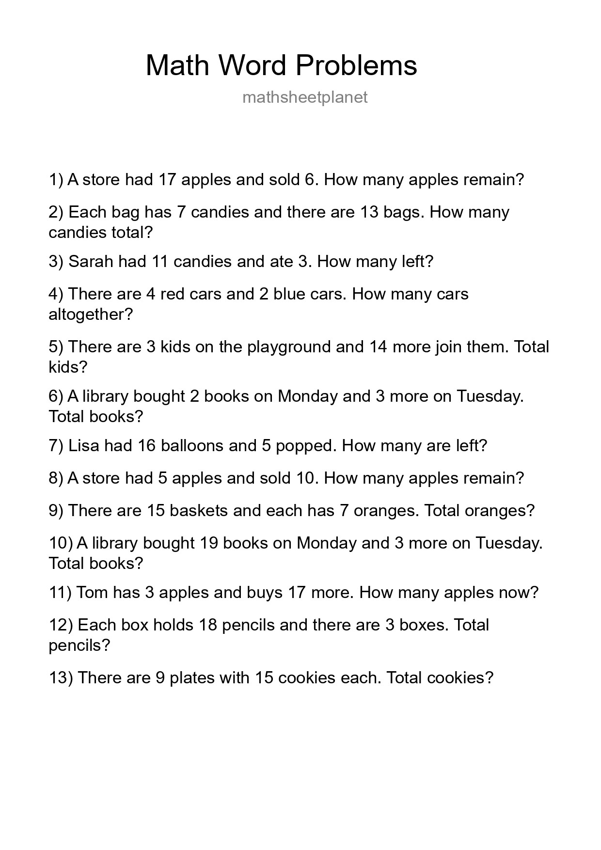 Math Word Problem Worksheet