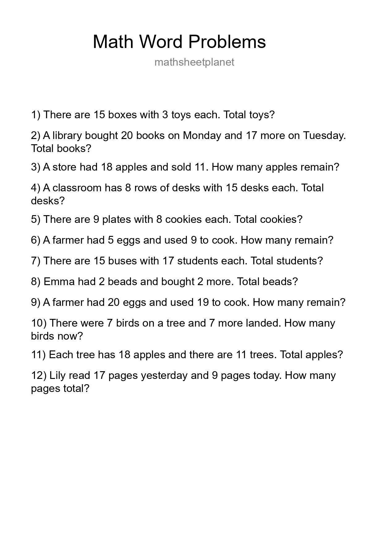 Math Word Problem Worksheet